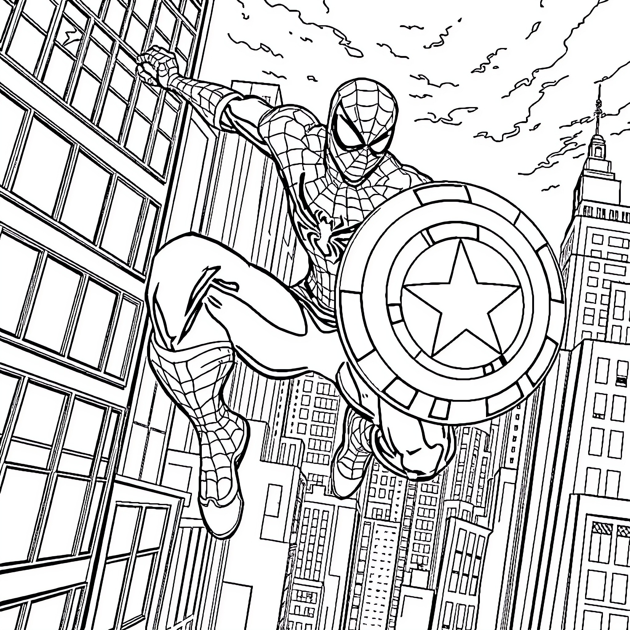 Spider-Man swinging through the city with Captain America's shield Coloring Page (free black-and-white line drawing printable PDF for all, from beginners to advanced learners, including children, teens, adults, and seniors)