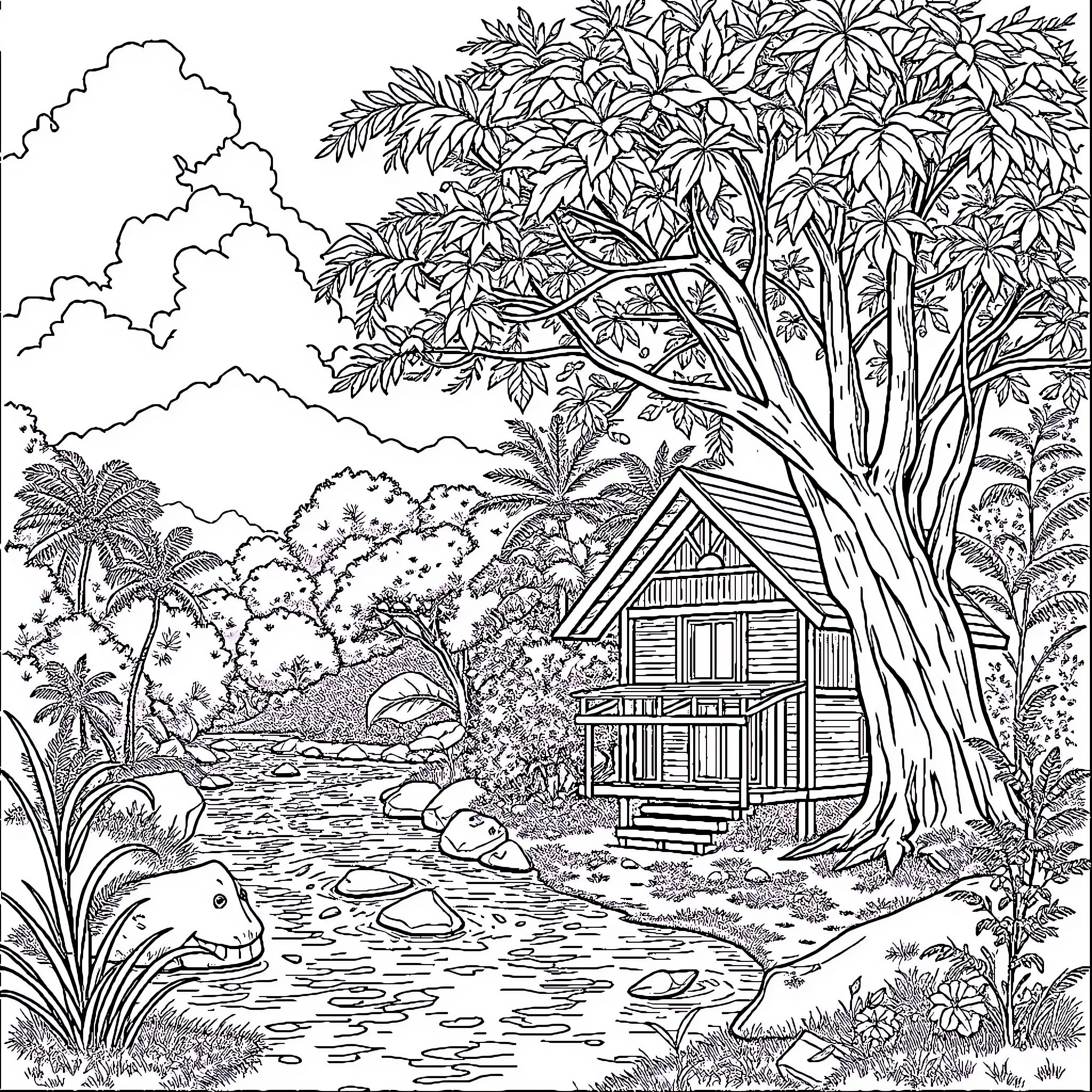 House in Lush Tropical Landscape Coloring Page (free black-and-white line drawing printable PDF for all, from beginners to advanced learners, including children, teens, adults, and seniors)