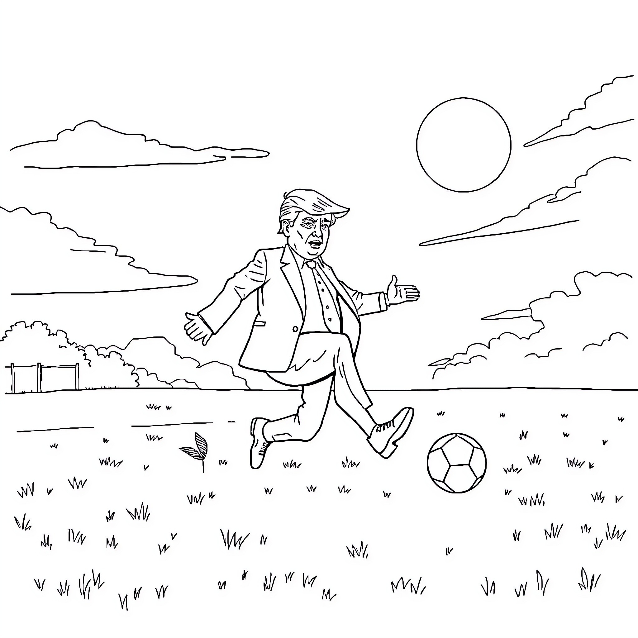 Donald Trump playing with a soccer ball in a field Coloring Page (free black-and-white line drawing printable PDF for all, from beginners to advanced learners, including children, teens, adults, and seniors)