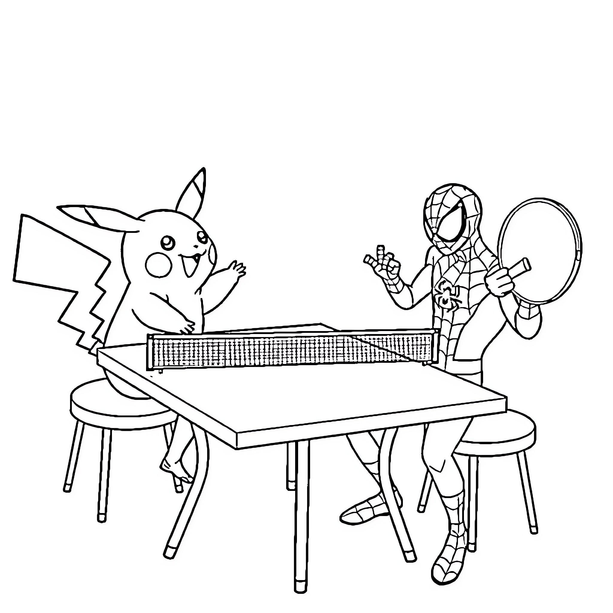 Pikachu and Spider-Man playing table tennis Coloring Page (free black-and-white line drawing printable PDF for all, from beginners to advanced learners, including children, teens, adults, and seniors)