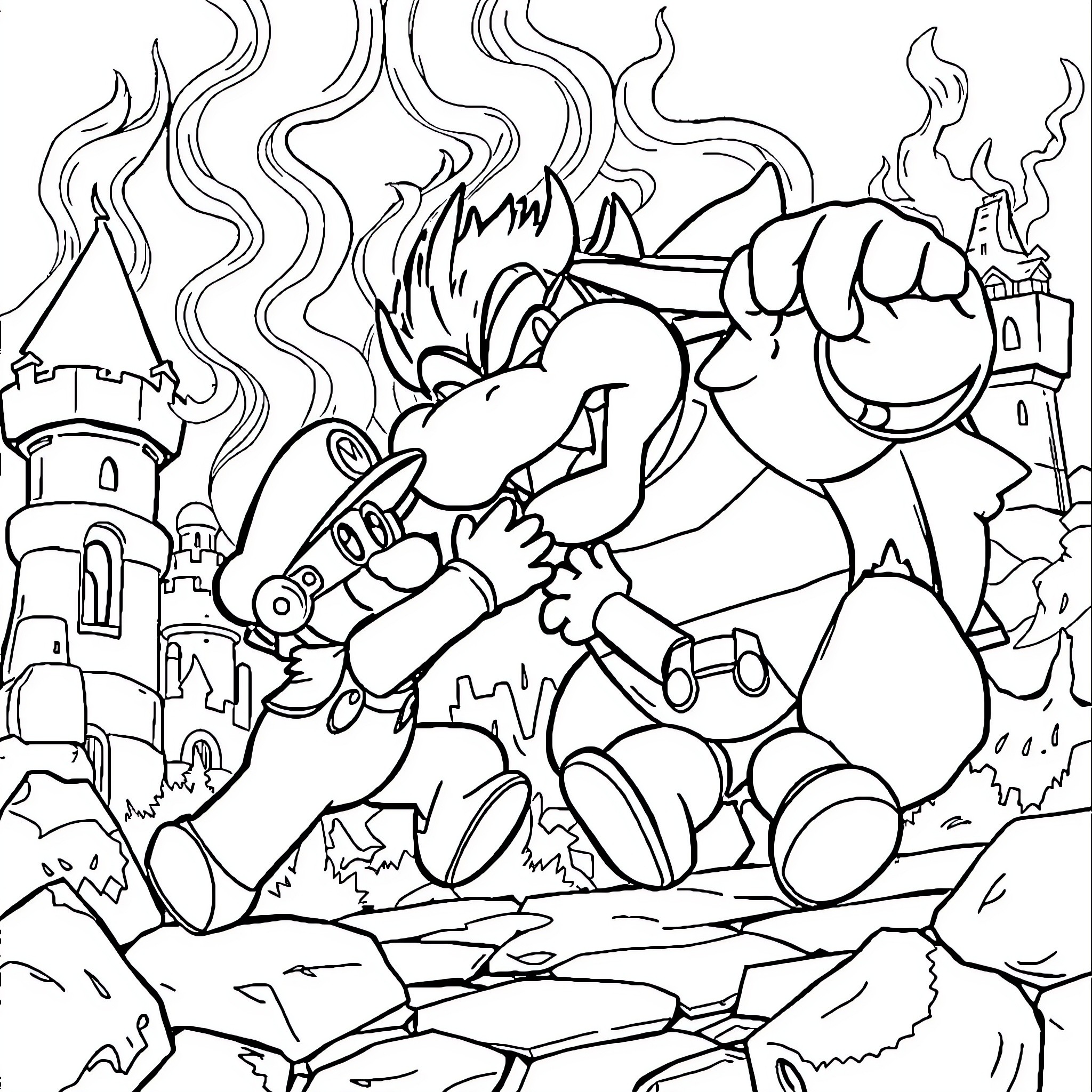 Mario's Adventurous Journey Through a Fantastical Landscape Coloring Page (free black-and-white line drawing printable PDF for all, from beginners to advanced learners, including children, teens, adults, and seniors)