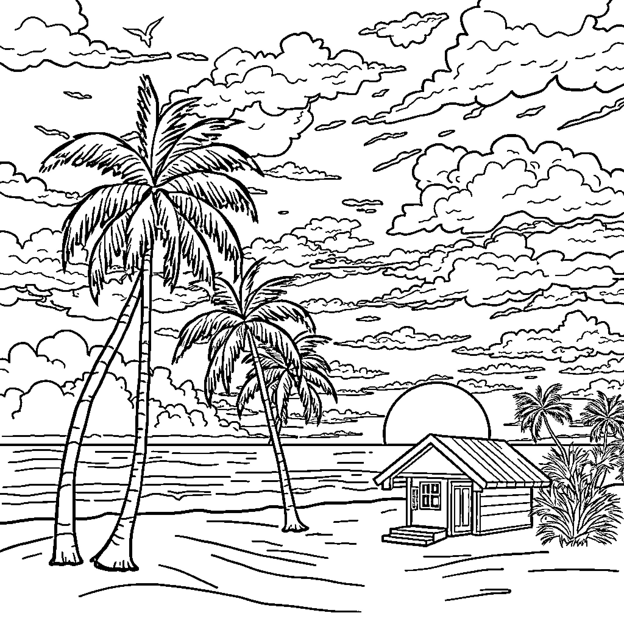 Sunset Tropical Beach Scene with Palms and Hut Coloring Page (free black-and-white line drawing printable PDF for all, from beginners to advanced learners, including children, teens, adults, and seniors)