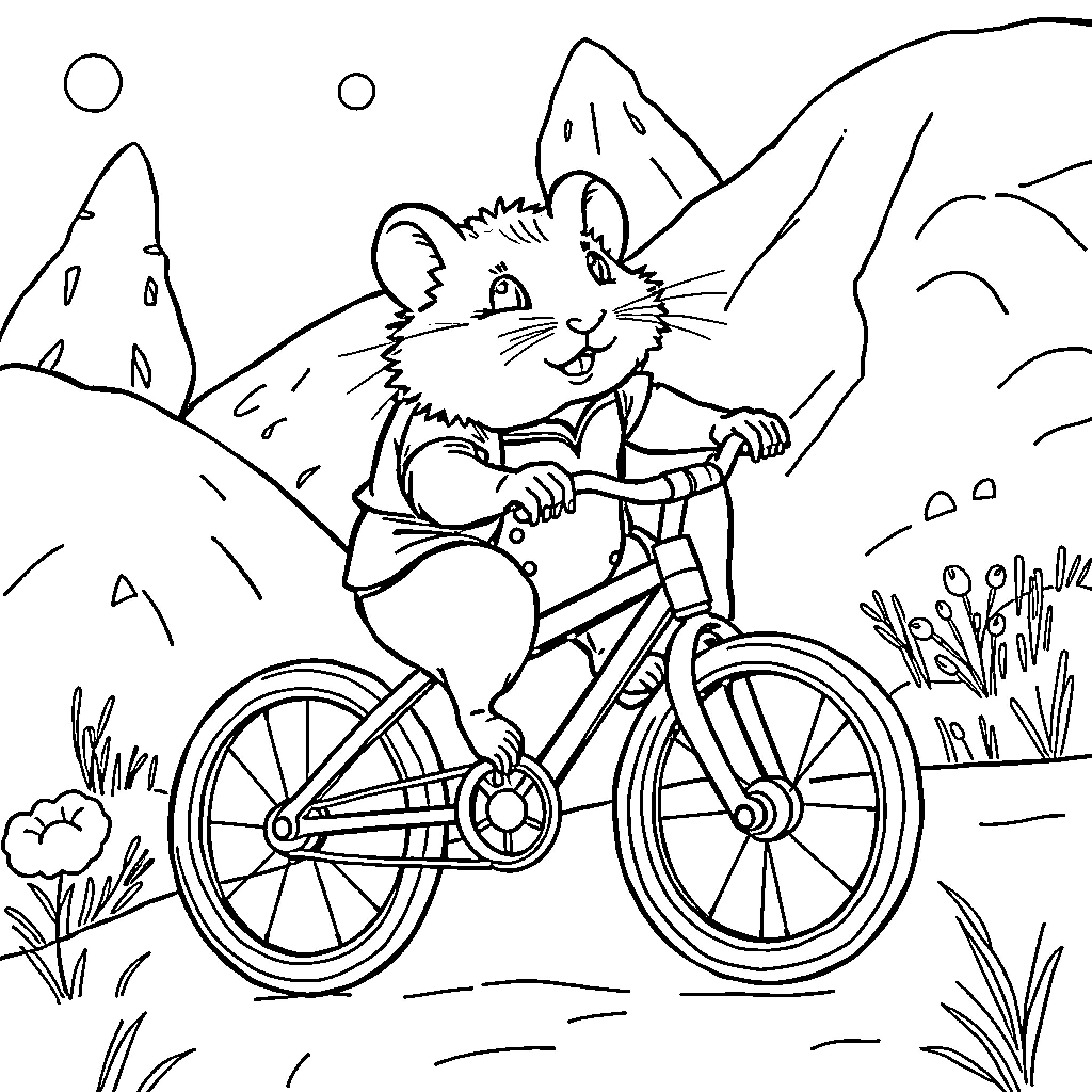 Hamster cycling joyfully in the mountains Coloring Page (free black-and-white line drawing printable PDF for all, from beginners to advanced learners, including children, teens, adults, and seniors)