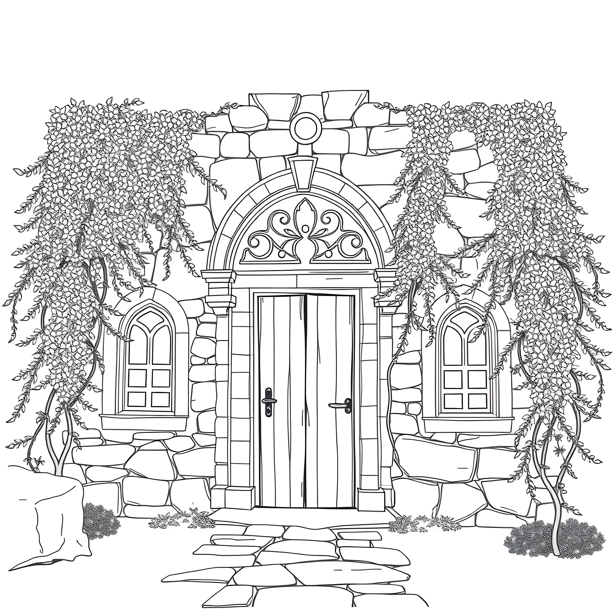 House with ornate doorway surrounded by trees Coloring Page (free black-and-white line drawing printable PDF for all, from beginners to advanced learners, including children, teens, adults, and seniors)