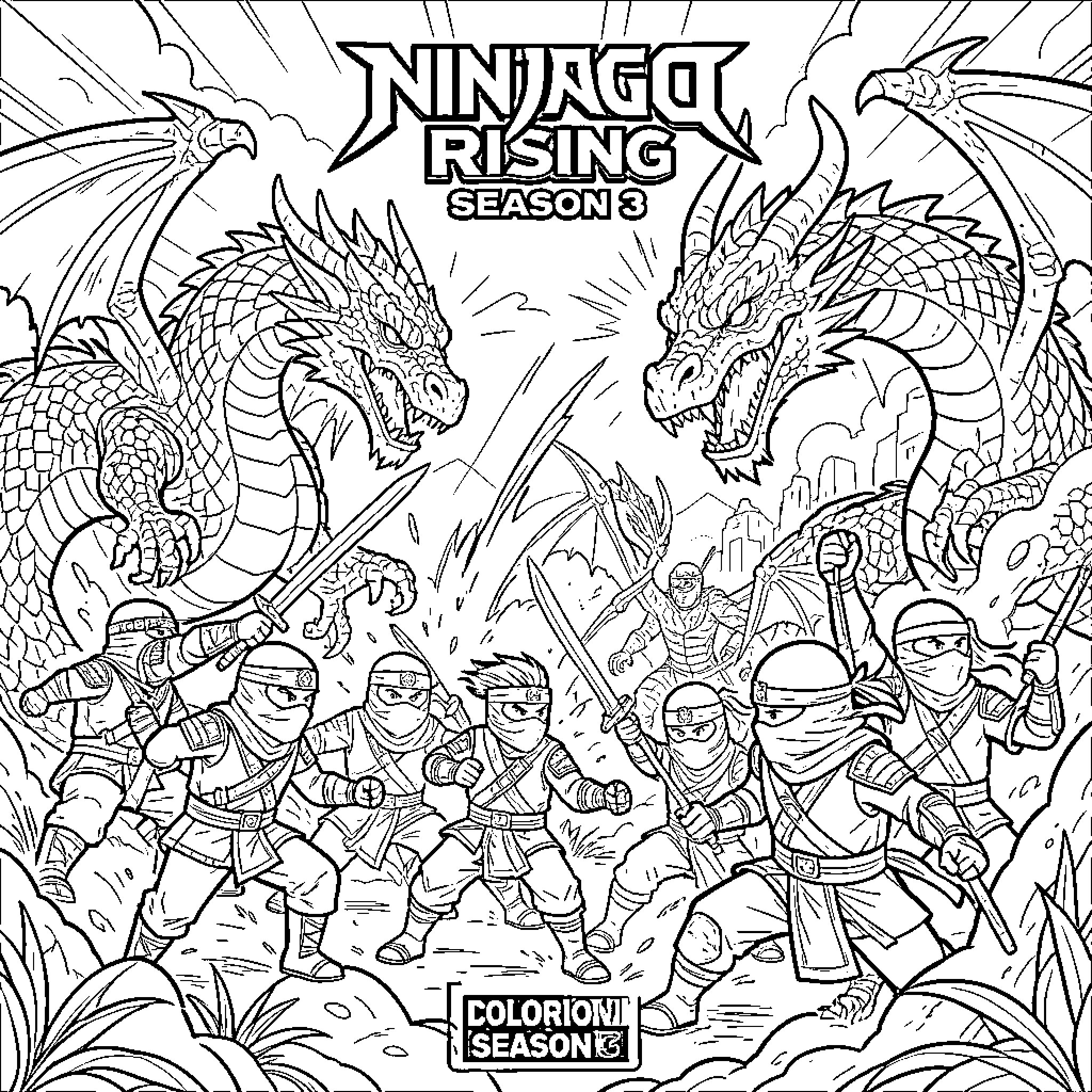 Ninjago heroes battle fearsome dragons in epic showdown Coloring Page (free black-and-white line drawing printable PDF for all, from beginners to advanced learners, including children, teens, adults, and seniors)