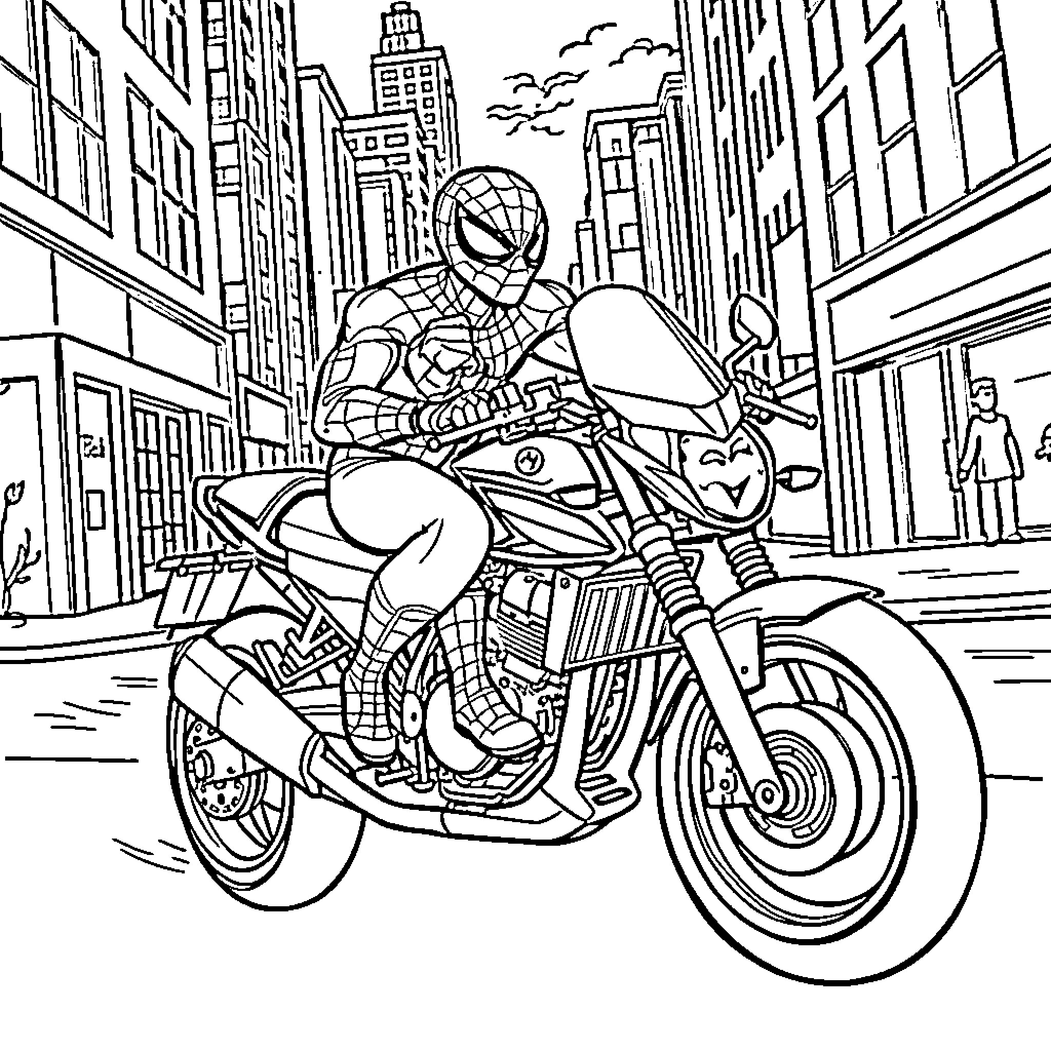 Spiderman riding a motorcycle through the city Coloring Page (free black-and-white line drawing printable PDF for all, from beginners to advanced learners, including children, teens, adults, and seniors)