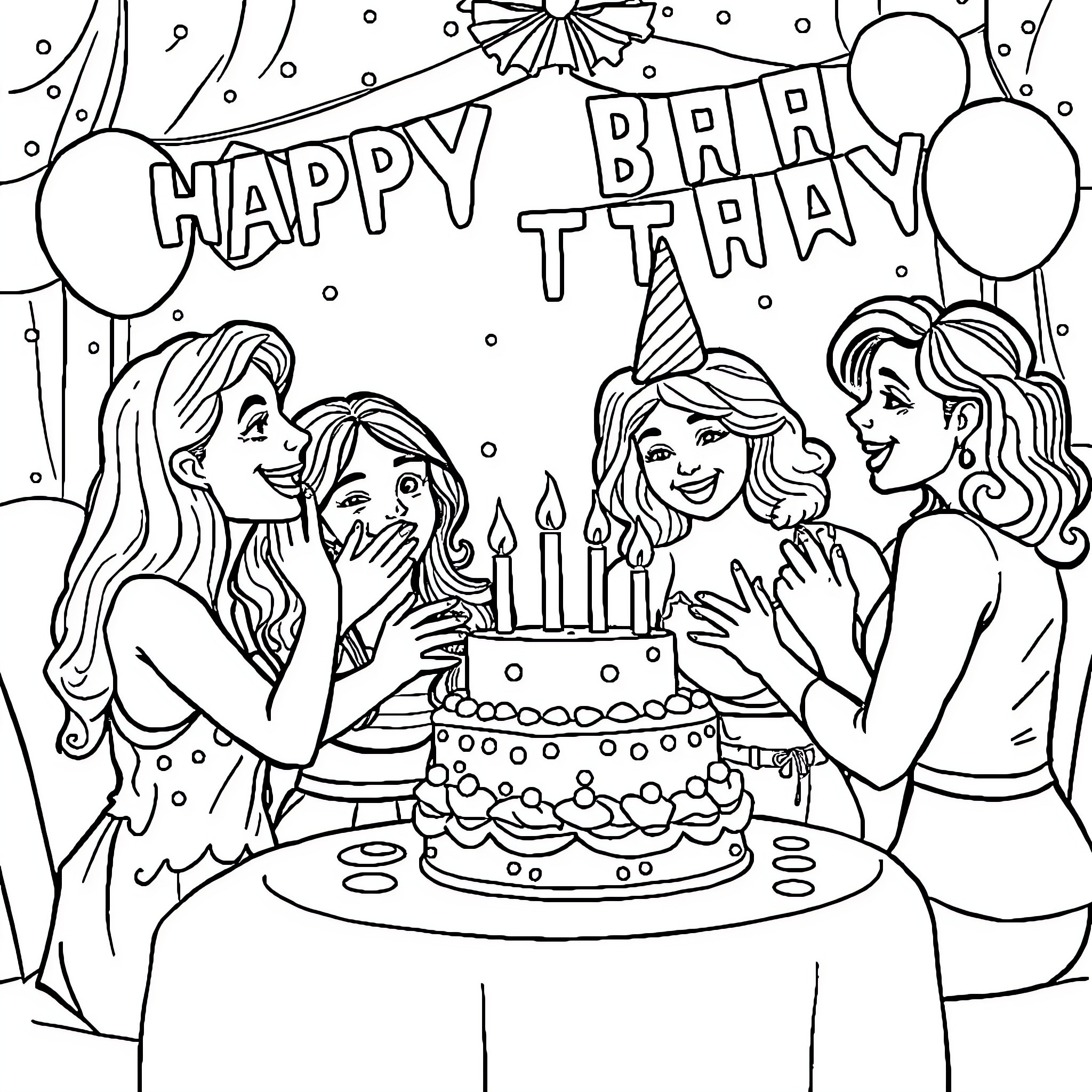 Bluey's Happy Birthday Celebration with Friends Coloring Page (free black-and-white line drawing printable PDF for all, from beginners to advanced learners, including children, teens, adults, and seniors)