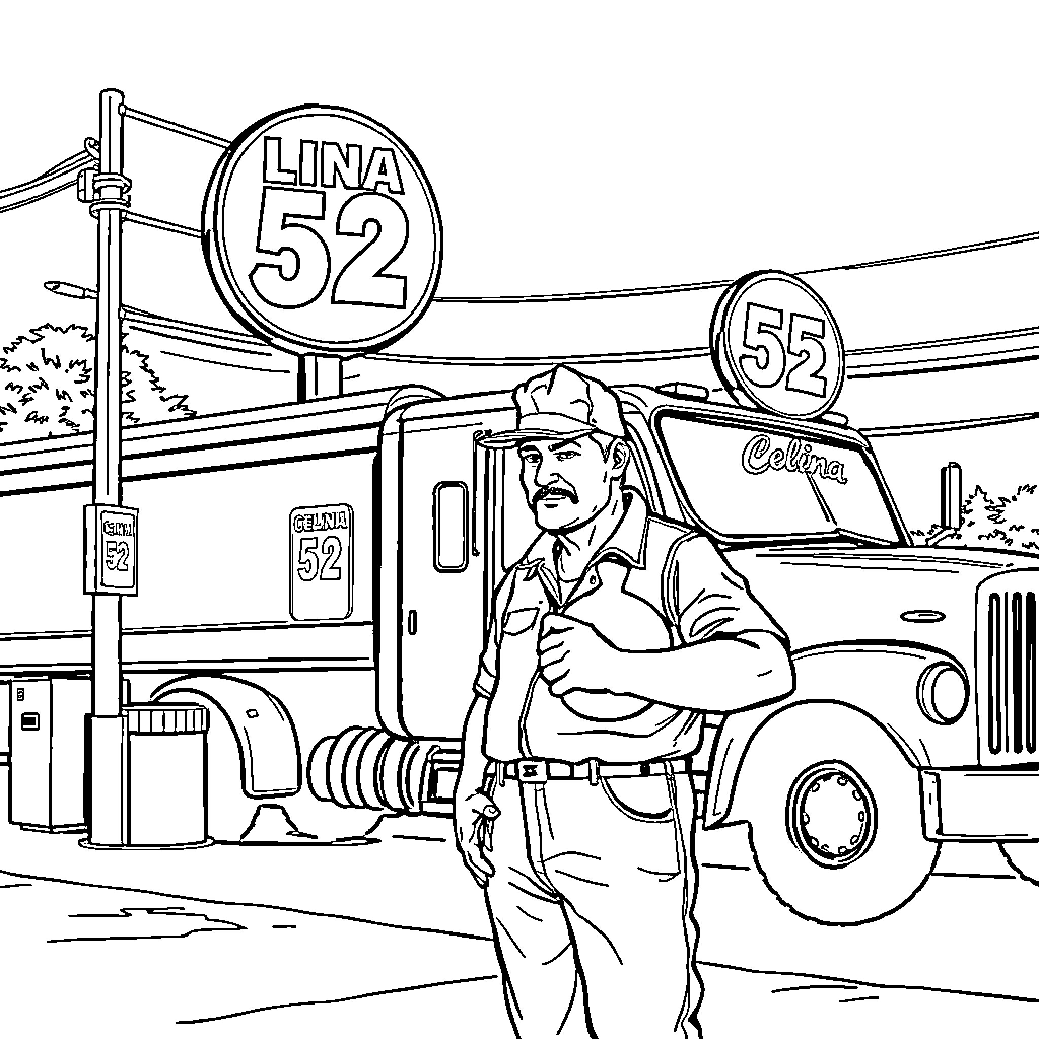 Truck driver at gas station in uniform Coloring Page (free black-and-white line drawing printable PDF for all, from beginners to advanced learners, including children, teens, adults, and seniors)