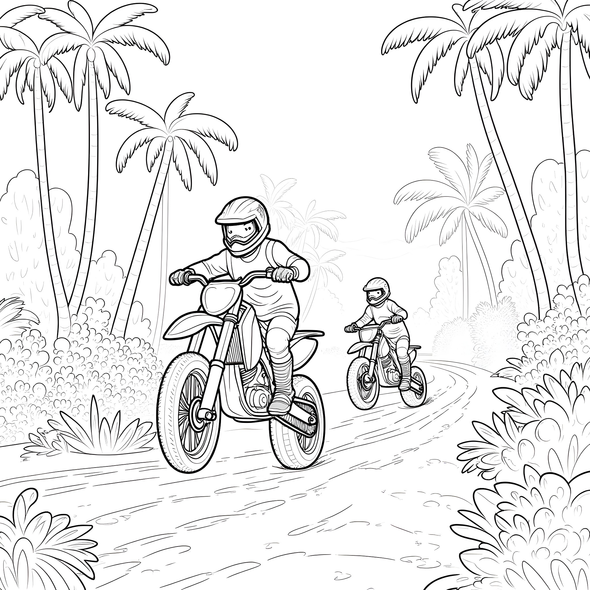 Dinosaur riders racing on motorcycles through the jungle Coloring Page (free black-and-white line drawing printable PDF for all, from beginners to advanced learners, including children, teens, adults, and seniors)