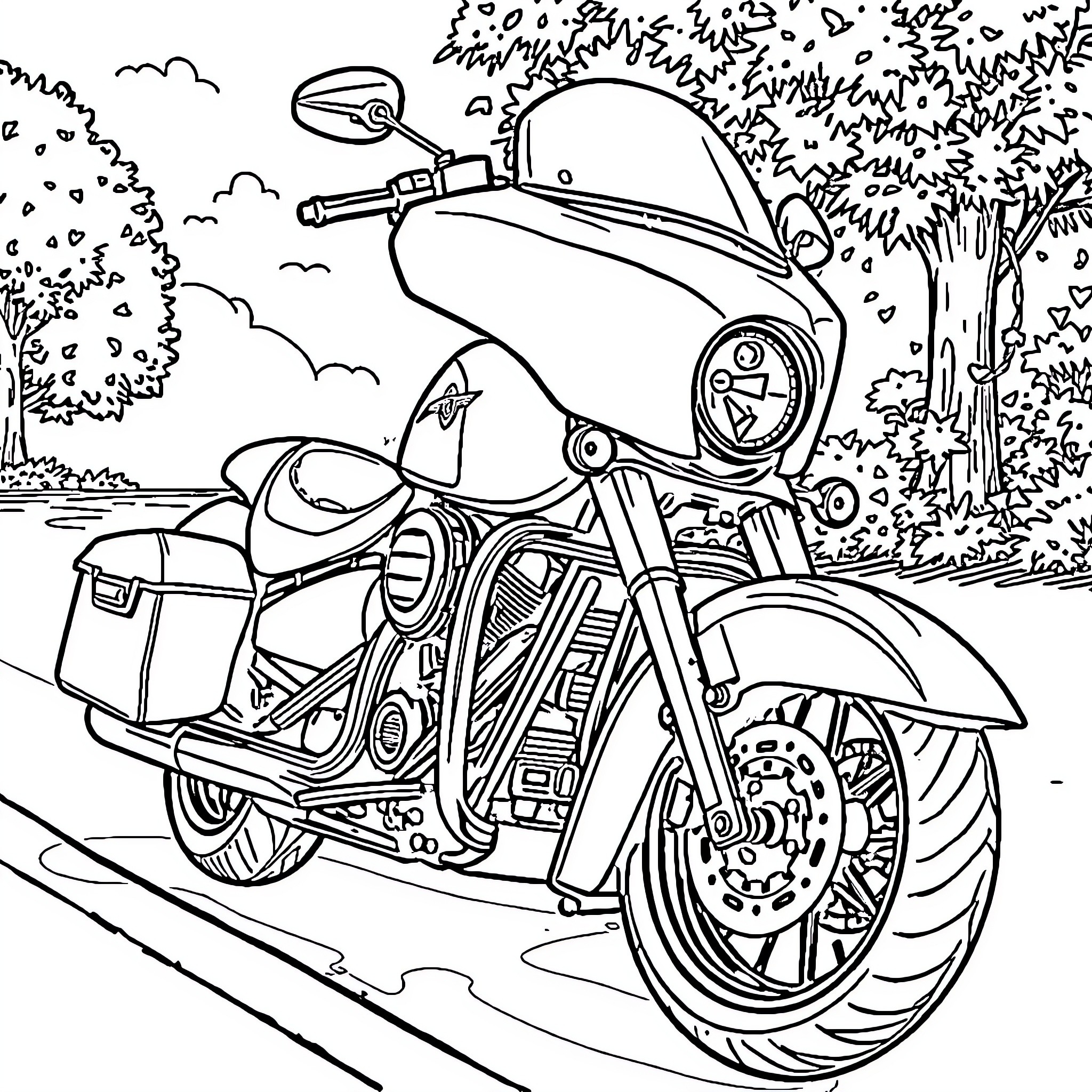Moto rider enjoying scenic countryside ride Coloring Page (free black-and-white line drawing printable PDF for all, from beginners to advanced learners, including children, teens, adults, and seniors)