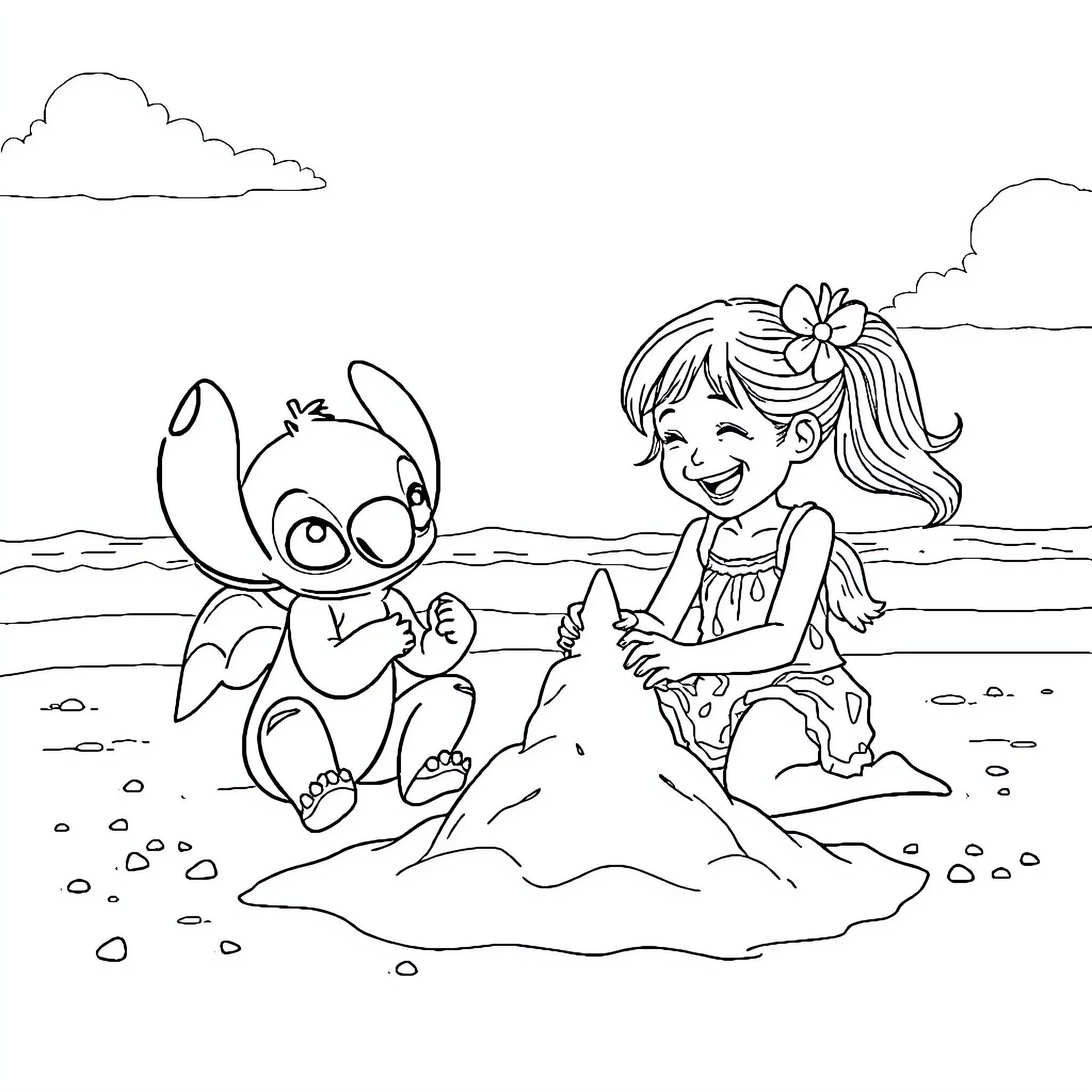 Stitch and a Girl Playing on the Beach Coloring Page (free black-and-white line drawing printable PDF for all, from beginners to advanced learners, including children, teens, adults, and seniors)