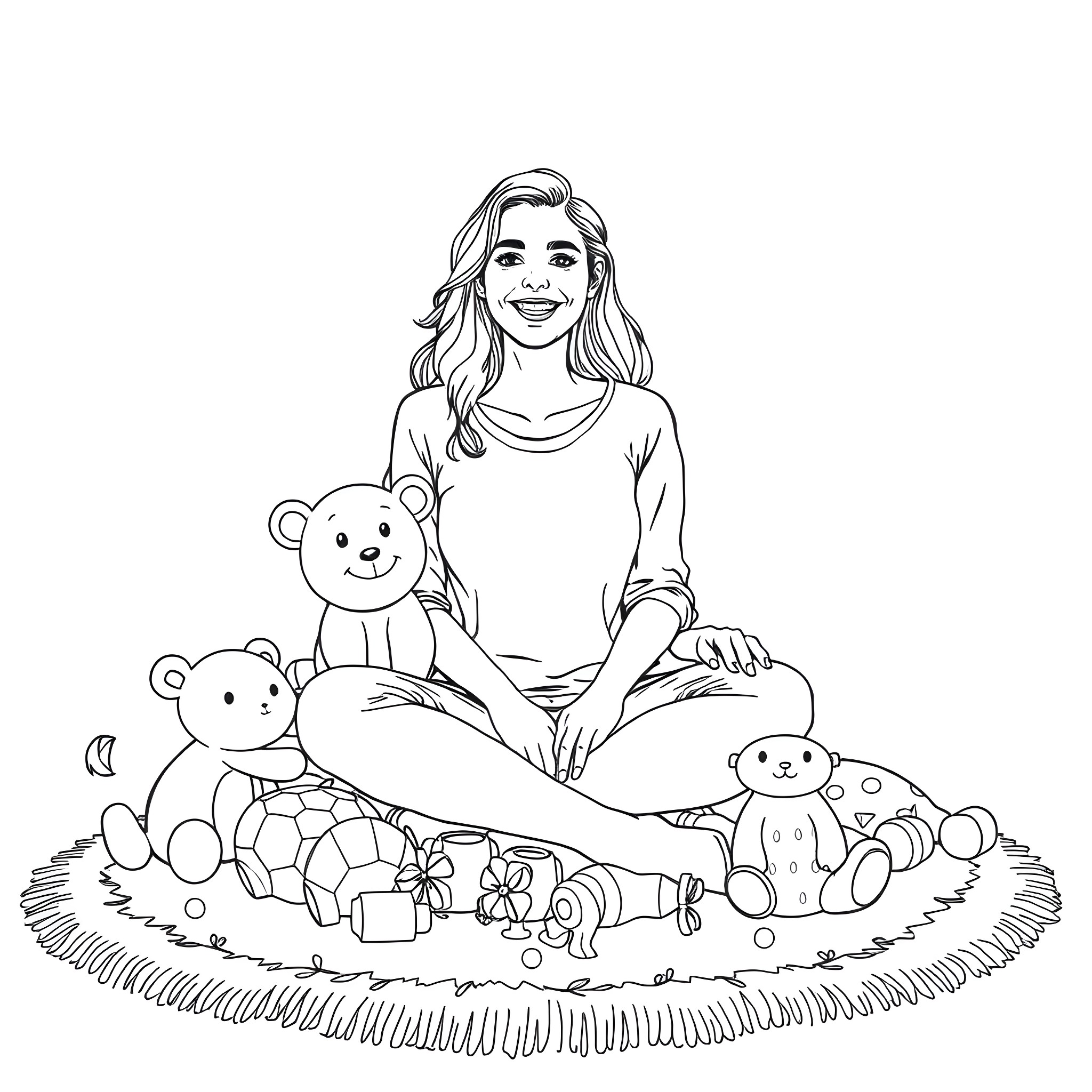 Woman playing with plush toys on the floor Coloring Page (free black-and-white line drawing printable PDF for all, from beginners to advanced learners, including children, teens, adults, and seniors)