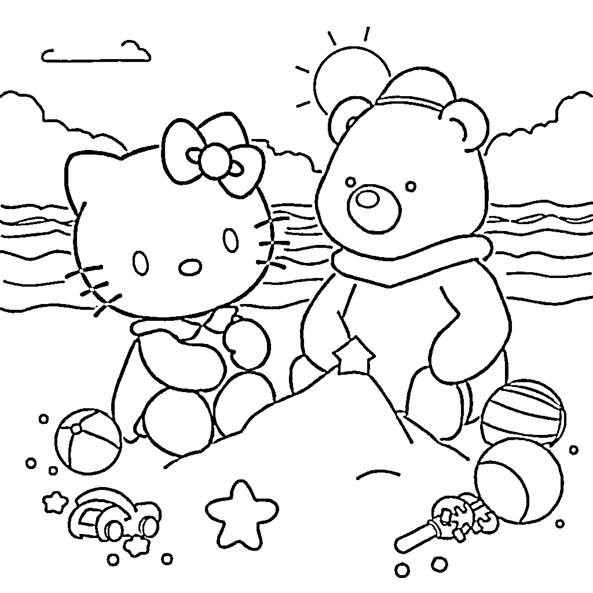 Cinnamonroll playing with toys on the beach Coloring Page (free black-and-white line drawing printable PDF for all, from beginners to advanced learners, including children, teens, adults, and seniors)