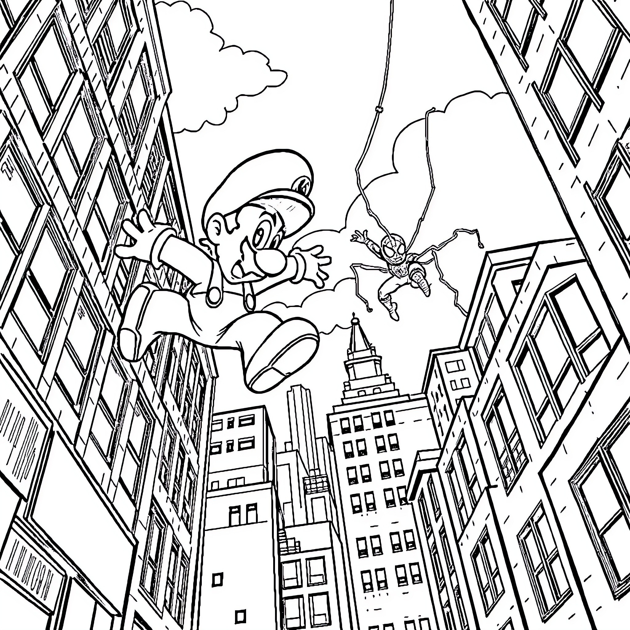 Super Mario's City Swing Adventure Coloring Page (free black-and-white line drawing printable PDF for all, from beginners to advanced learners, including children, teens, adults, and seniors)