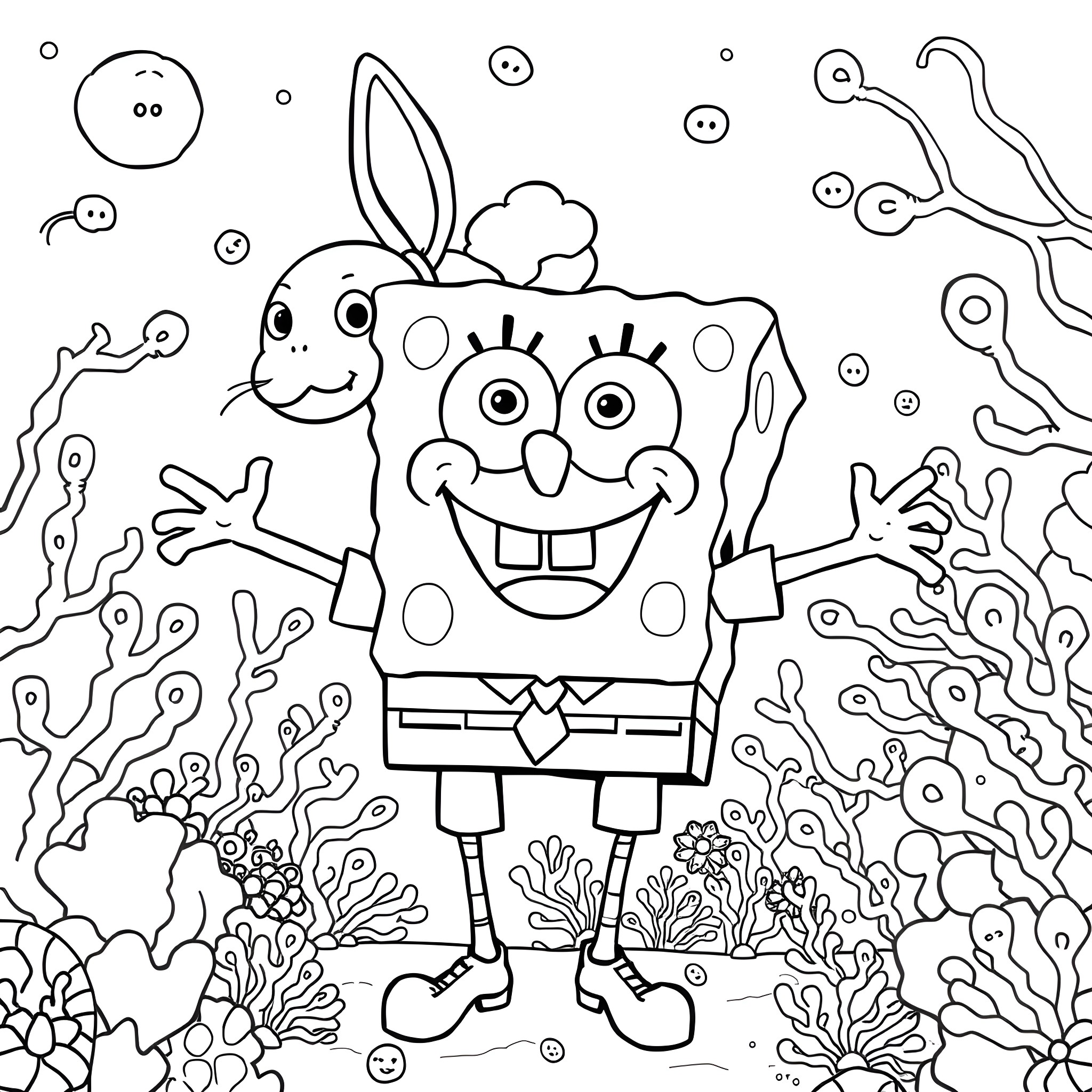 Spongebob in a whimsical underwater scene Coloring Page (free black-and-white line drawing printable PDF for all, from beginners to advanced learners, including children, teens, adults, and seniors)