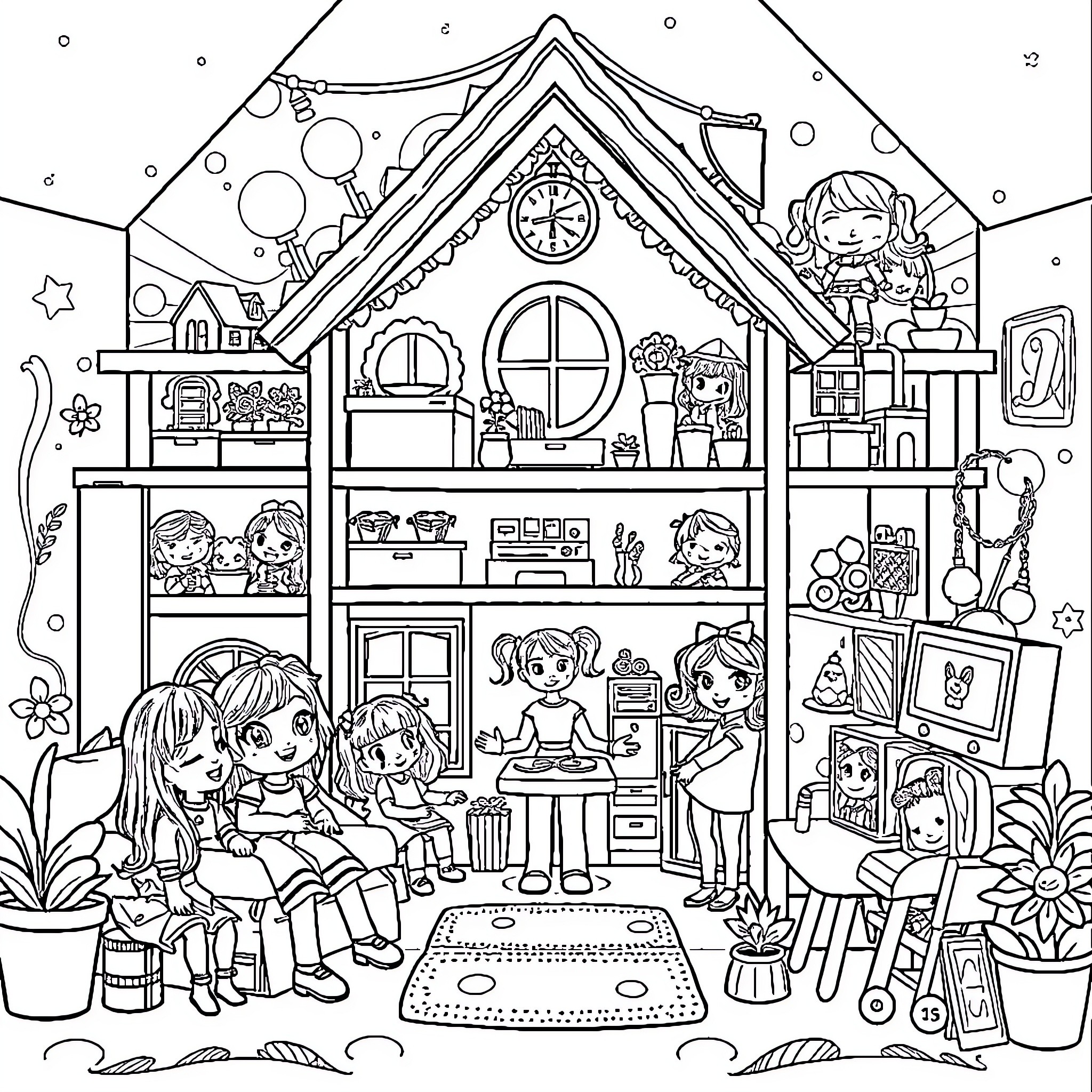 Gabby's Playful Dollhouse Adventure Coloring Page (free black-and-white line drawing printable PDF for all, from beginners to advanced learners, including children, teens, adults, and seniors)