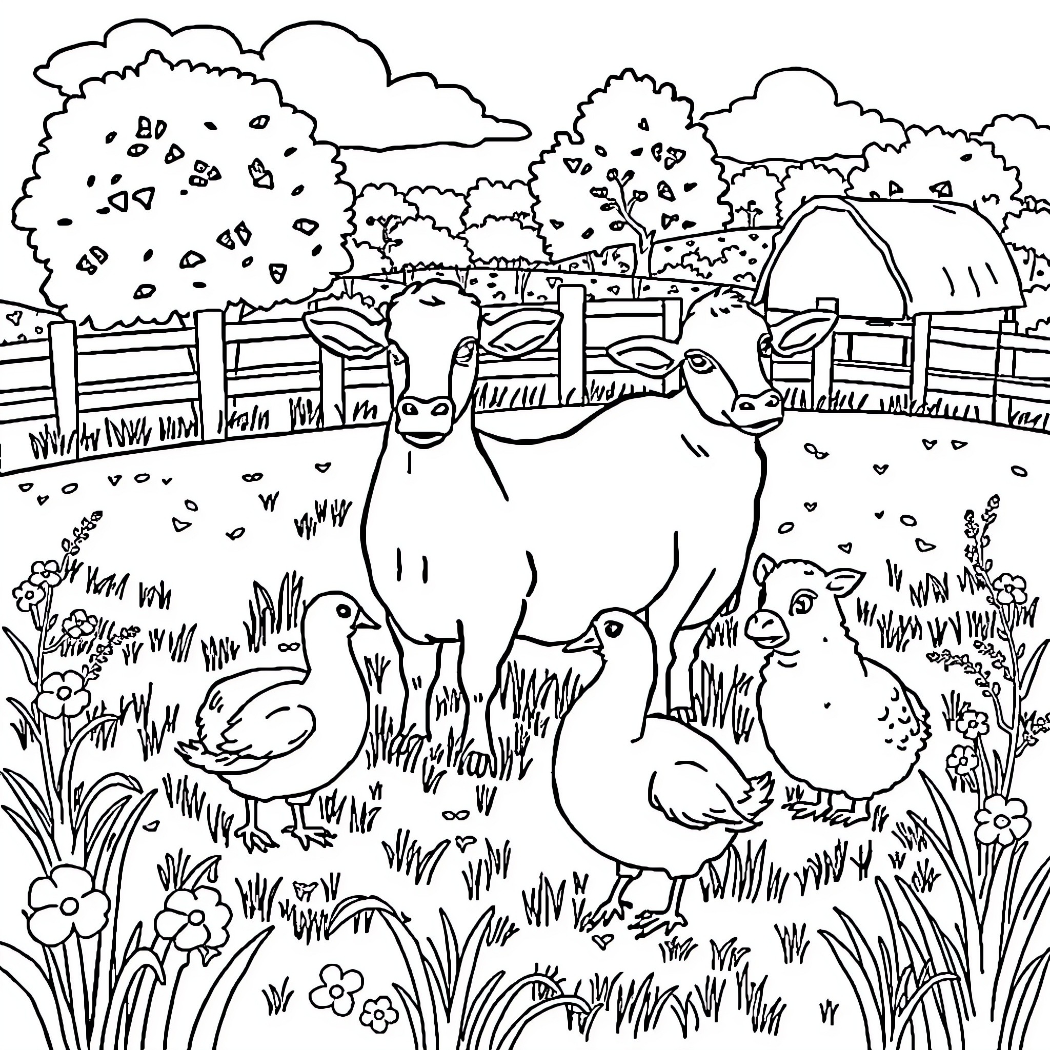 Farm Animal Gathering on a Tranquil Farmland Coloring Page (free black-and-white line drawing printable PDF for all, from beginners to advanced learners, including children, teens, adults, and seniors)
