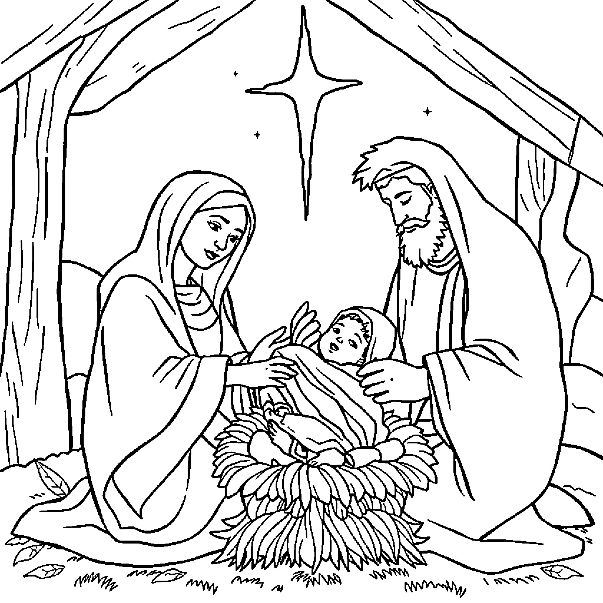 Nativity scene with Mary, Joseph, and baby Jesus Coloring Page (free black-and-white line drawing printable PDF for all, from beginners to advanced learners, including children, teens, adults, and seniors)