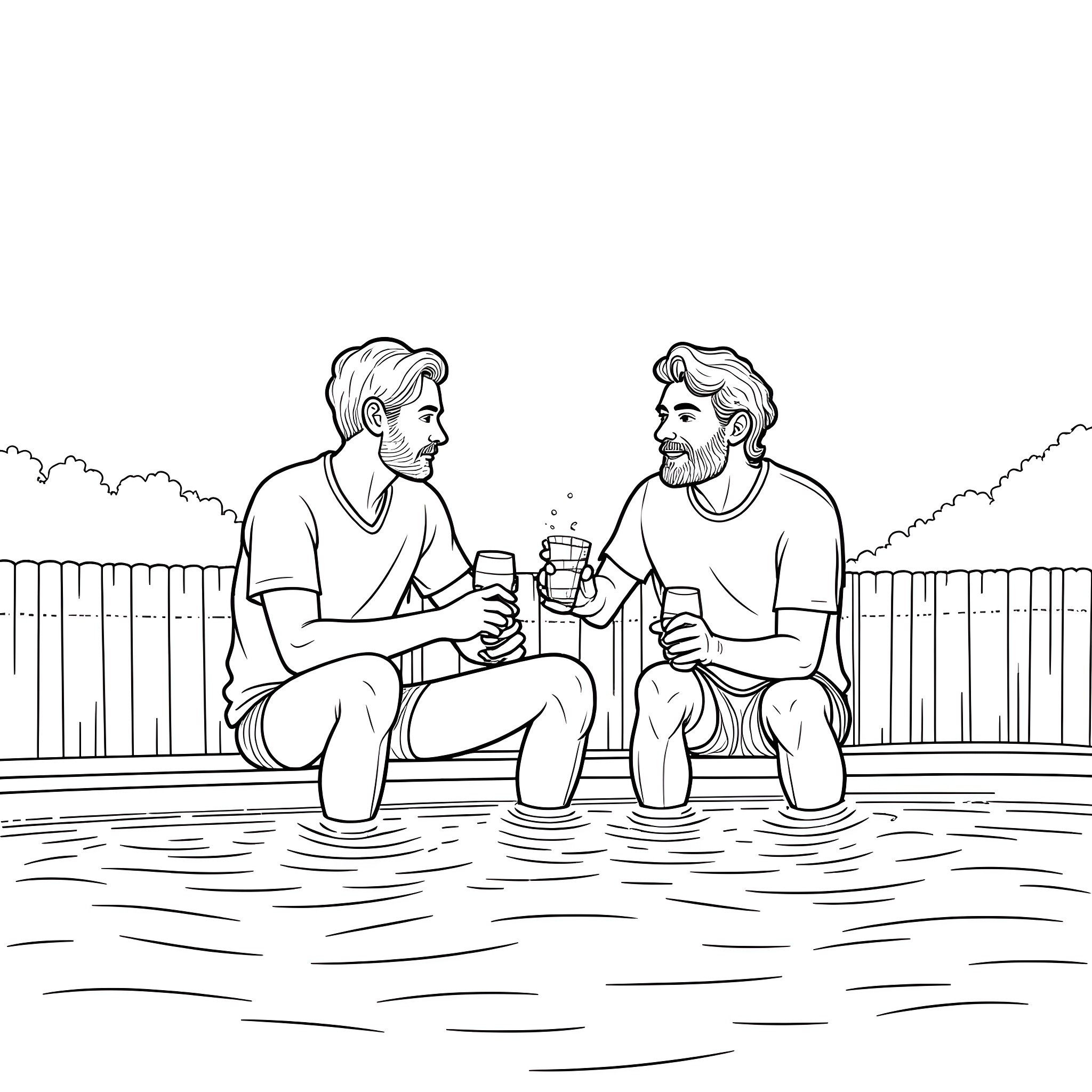 Whiskey sharing moment between two men in the pool Coloring Page (free black-and-white line drawing printable PDF for all, from beginners to advanced learners, including children, teens, adults, and seniors)