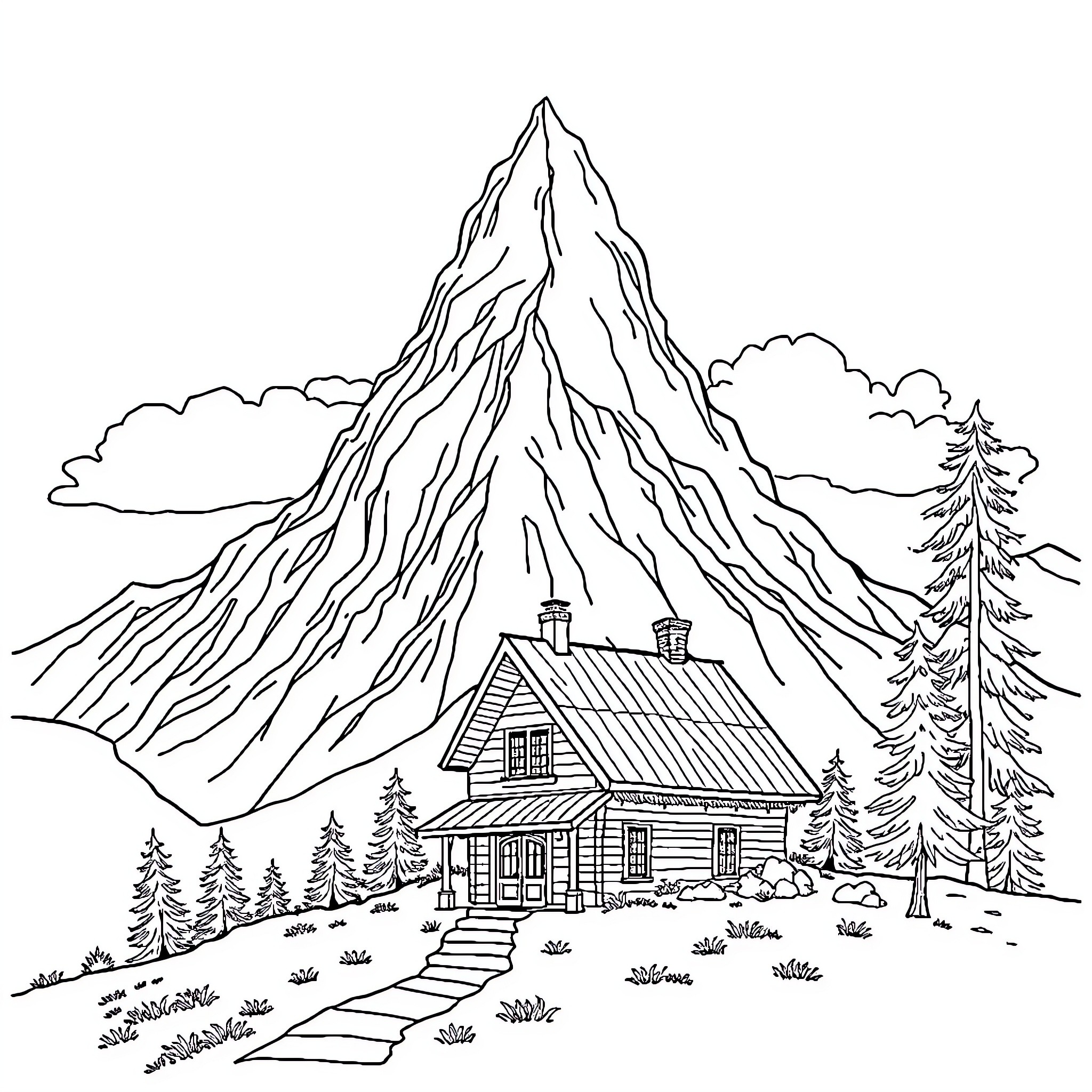 House nestled in the mountains with a scenic backdrop Coloring Page (free black-and-white line drawing printable PDF for all, from beginners to advanced learners, including children, teens, adults, and seniors)