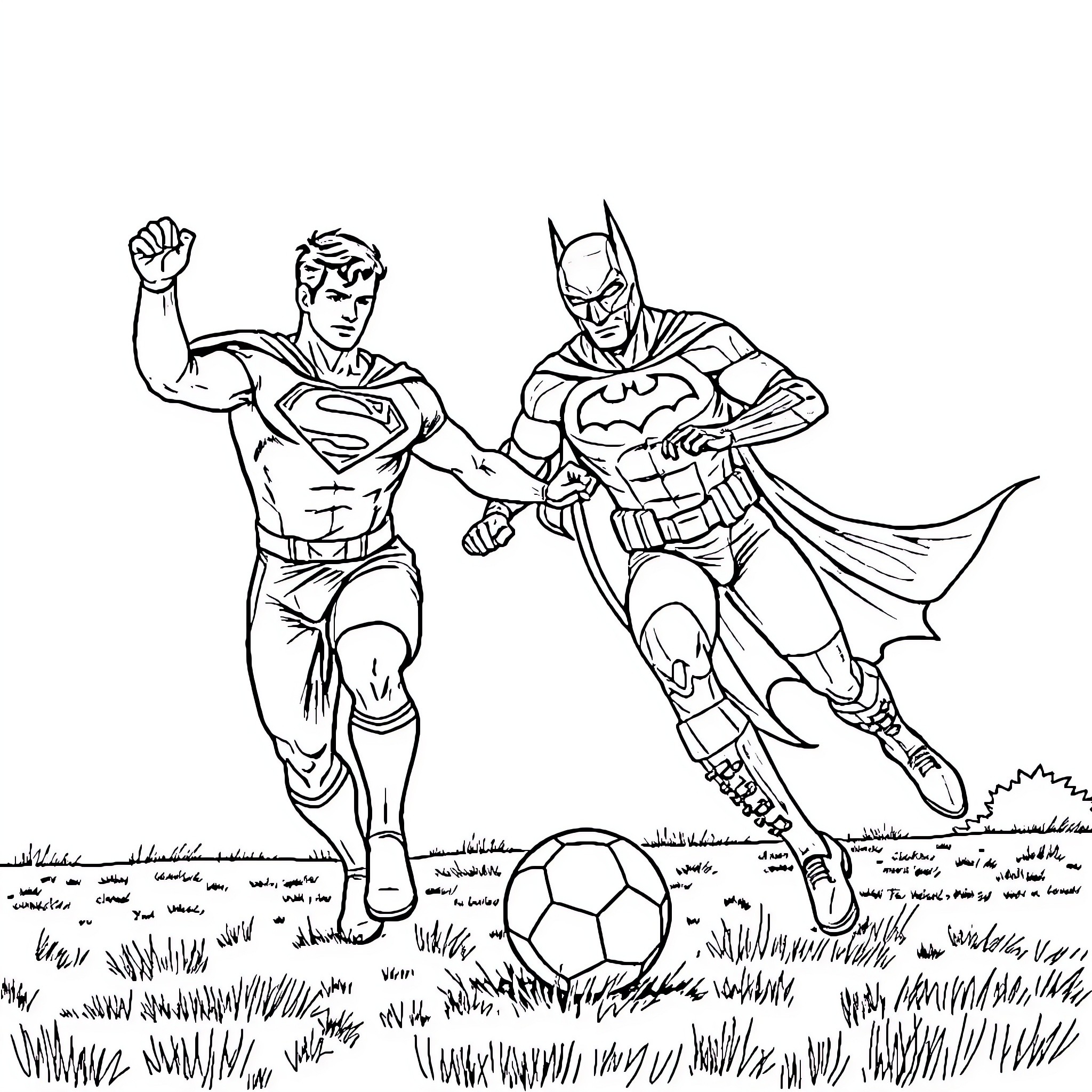 Superman and Batman playing soccer in a field Coloring Page (free black-and-white line drawing printable PDF for all, from beginners to advanced learners, including children, teens, adults, and seniors)