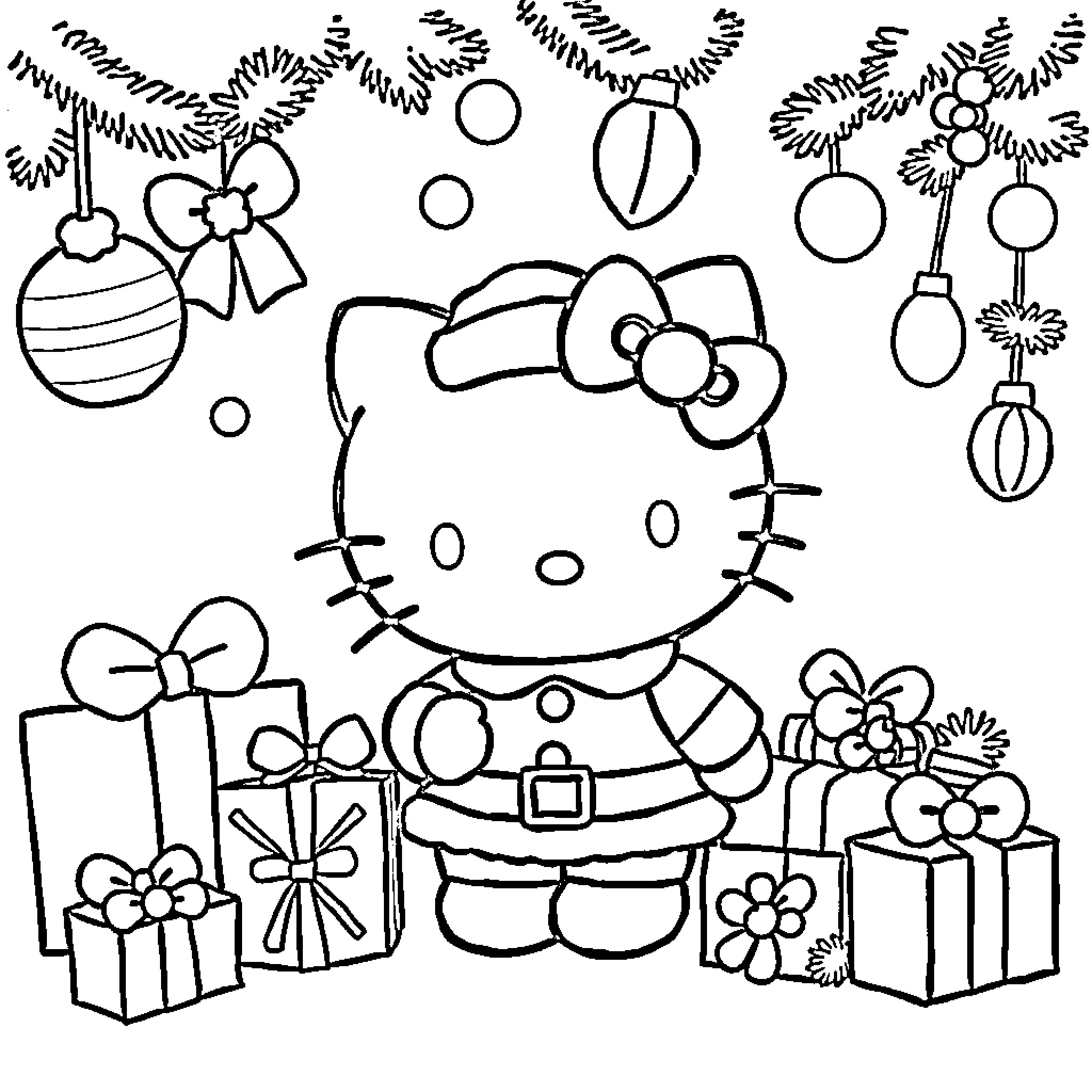 Hello Kitty Celebrating Christmas with Gifts and Ornaments Coloring Page (free black-and-white line drawing printable PDF for all, from beginners to advanced learners, including children, teens, adults, and seniors)
