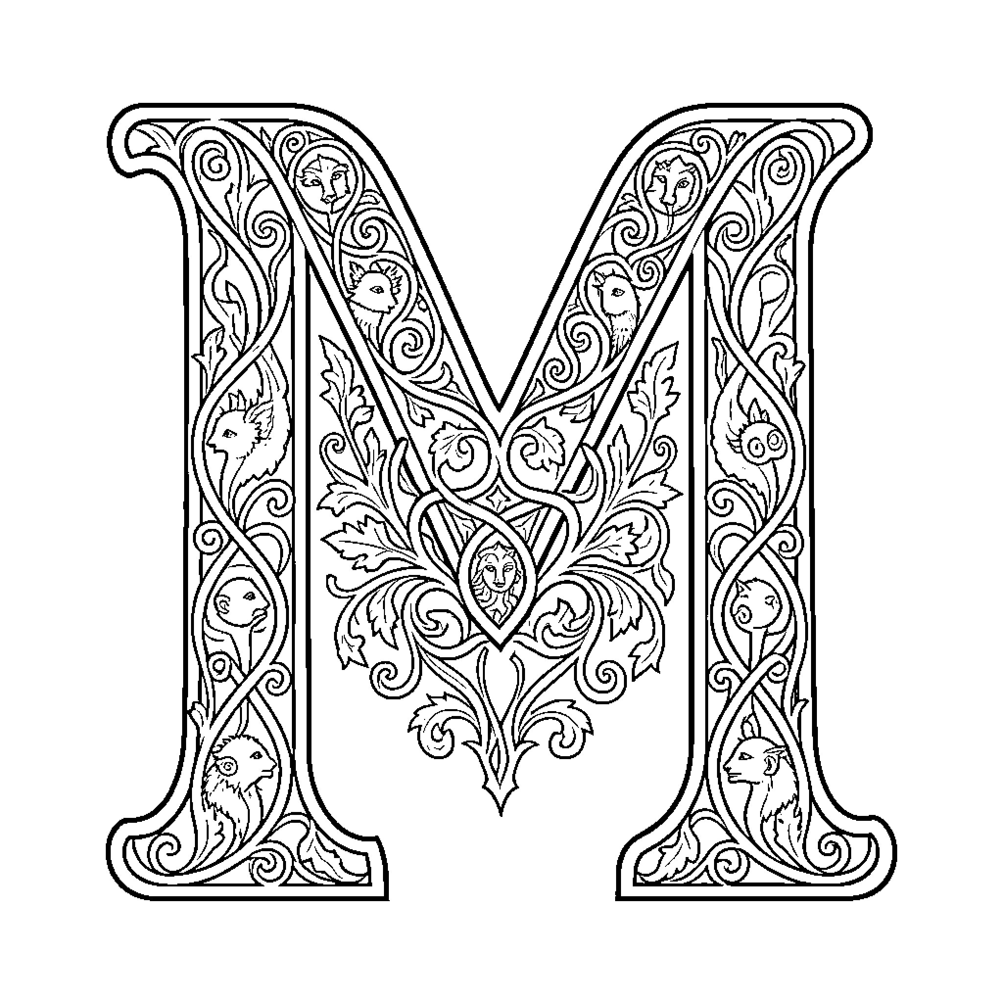Celtic Letter M with Ornate Floral Patterns Coloring Page (free black-and-white line drawing printable PDF for all, from beginners to advanced learners, including children, teens, adults, and seniors)