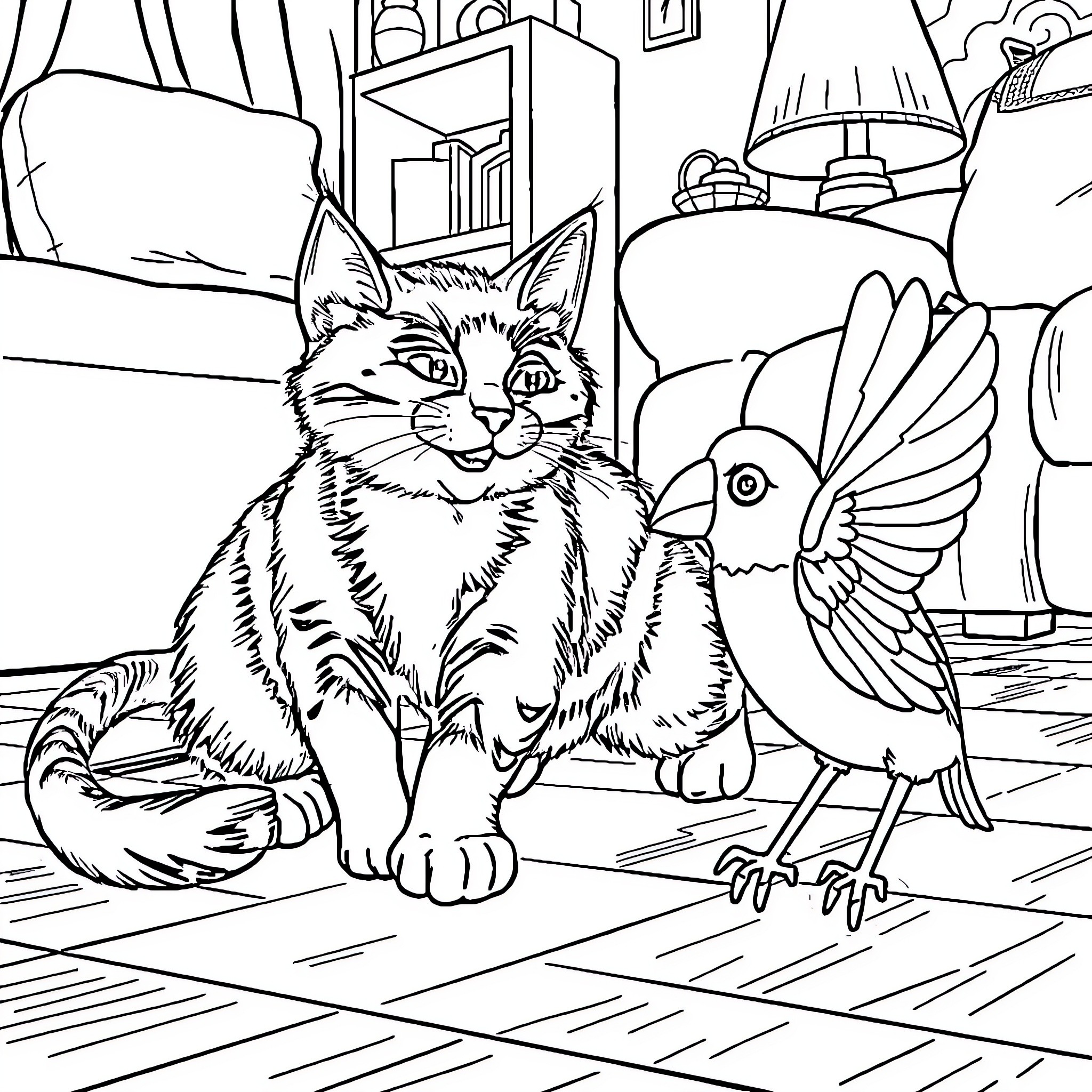 Cat Watching Curious Bird in Room Coloring Page (free black-and-white line drawing printable PDF for all, from beginners to advanced learners, including children, teens, adults, and seniors)
