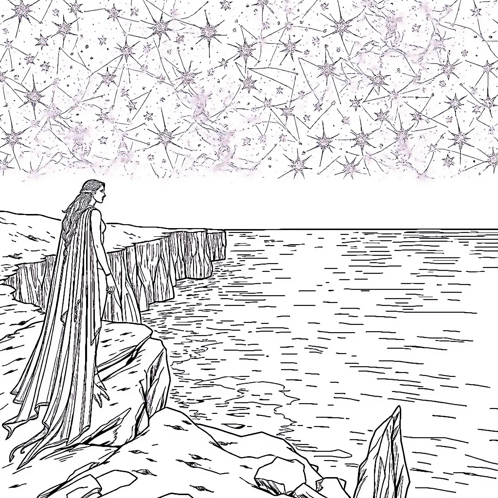 Rhysand gazing out at the starry night sky Coloring Page (free black-and-white line drawing printable PDF for all, from beginners to advanced learners, including children, teens, adults, and seniors)