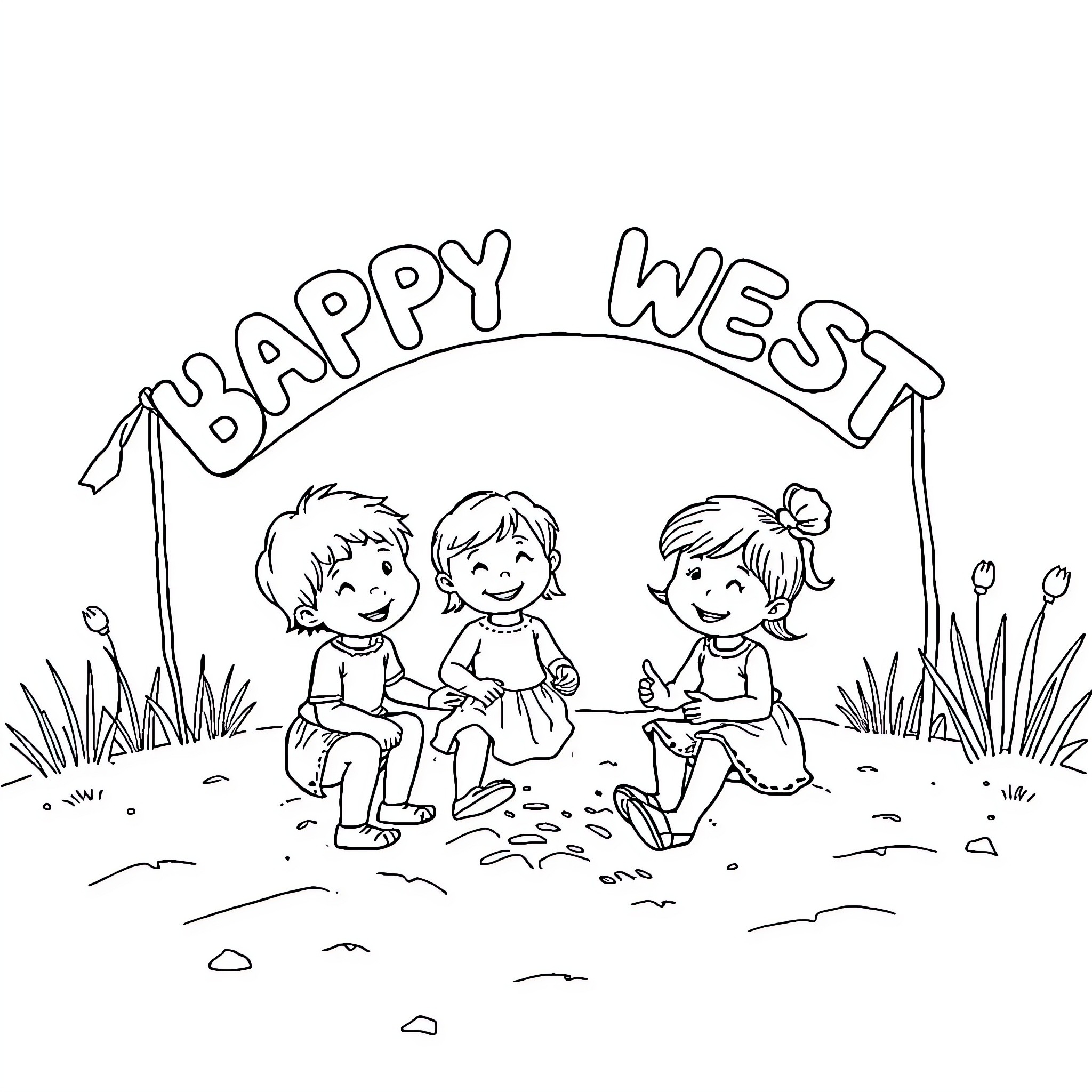 Child friends playing happily outdoors Coloring Page (free black-and-white line drawing printable PDF for all, from beginners to advanced learners, including children, teens, adults, and seniors)