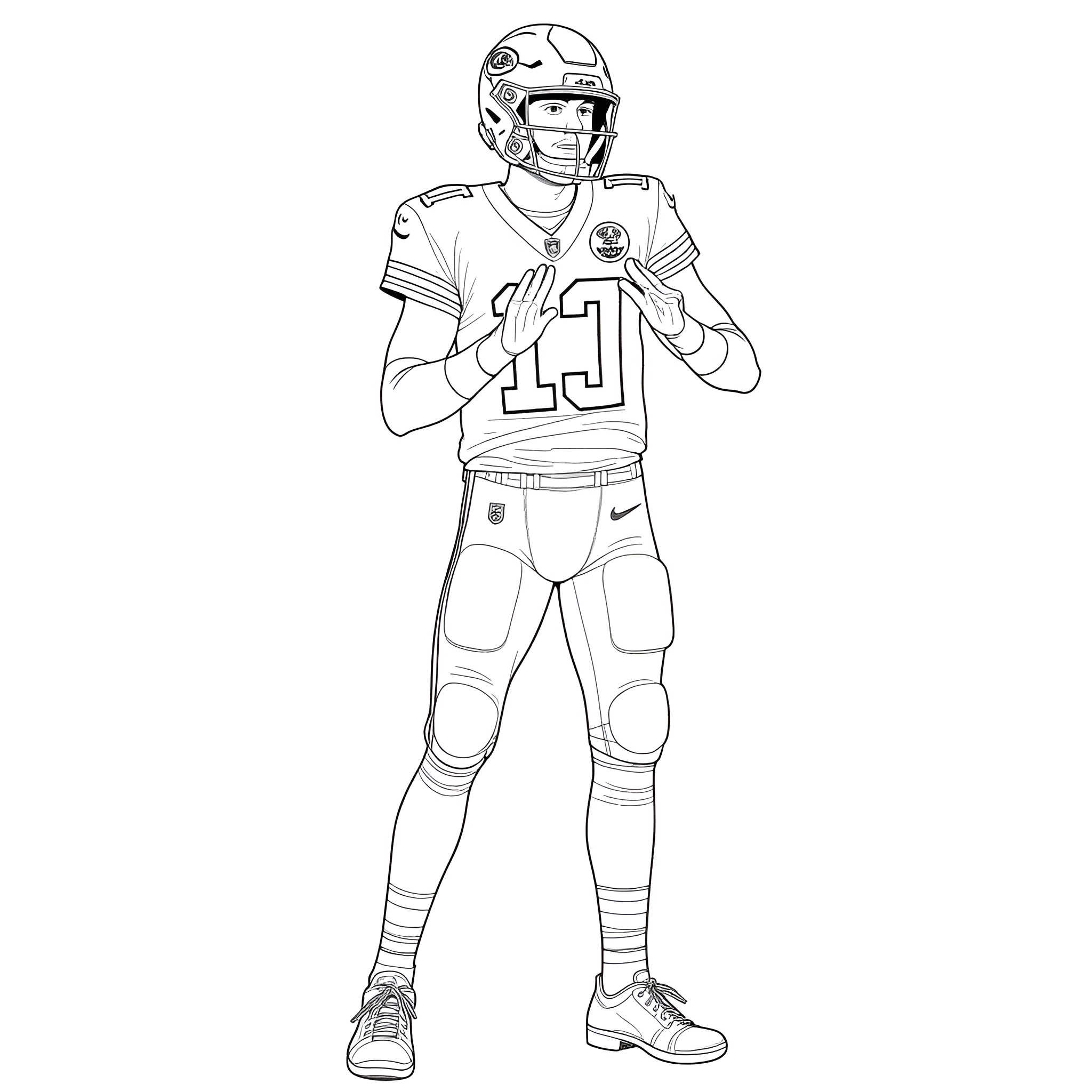 Patrick Mahomes preparing to throw a football Coloring Page (free black-and-white line drawing printable PDF for all, from beginners to advanced learners, including children, teens, adults, and seniors)