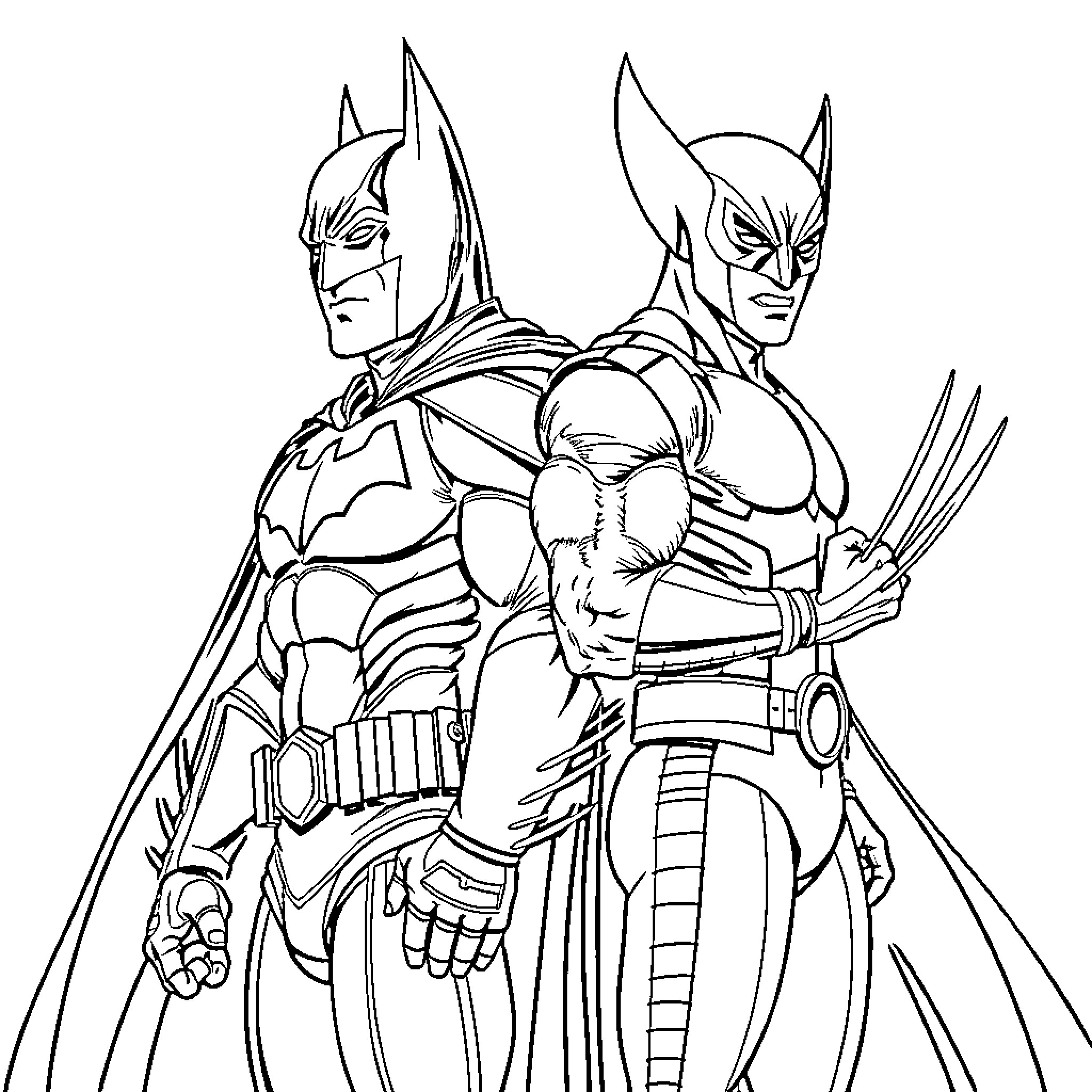 Batman and Wolverine in action-packed scene Coloring Page (free black-and-white line drawing printable PDF for all, from beginners to advanced learners, including children, teens, adults, and seniors)