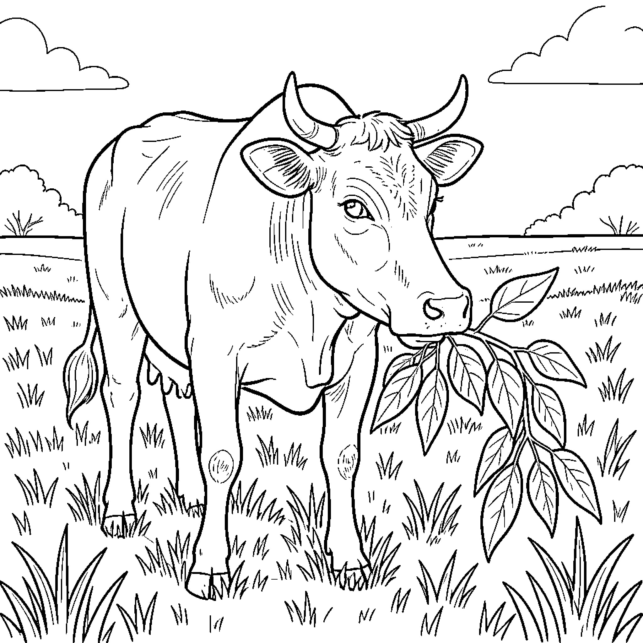 Cow grazing peacefully in the meadow Coloring Page (free black-and-white line drawing printable PDF for all, from beginners to advanced learners, including children, teens, adults, and seniors)