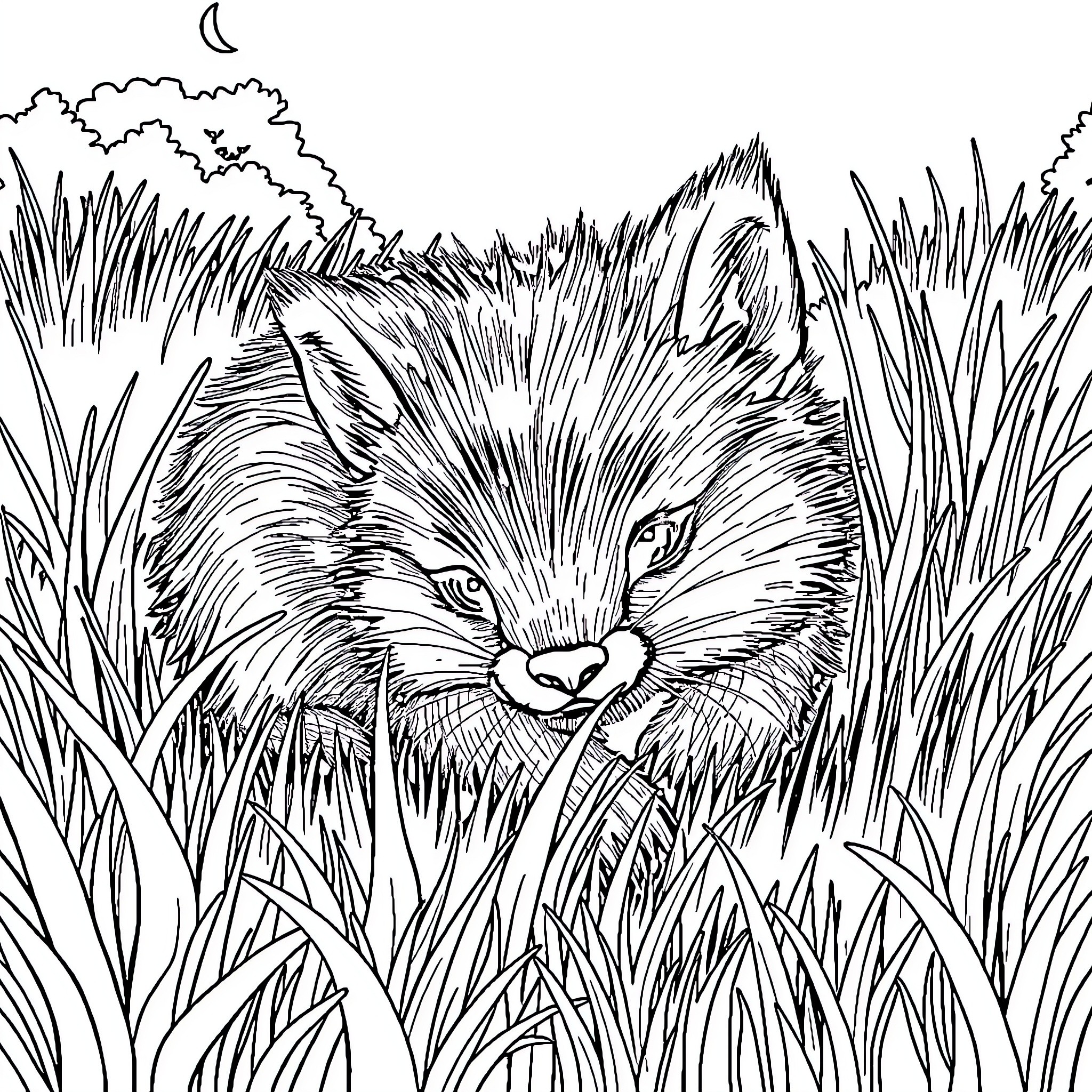 Animal hiding in tall grass at night Coloring Page (free black-and-white line drawing printable PDF for all, from beginners to advanced learners, including children, teens, adults, and seniors)