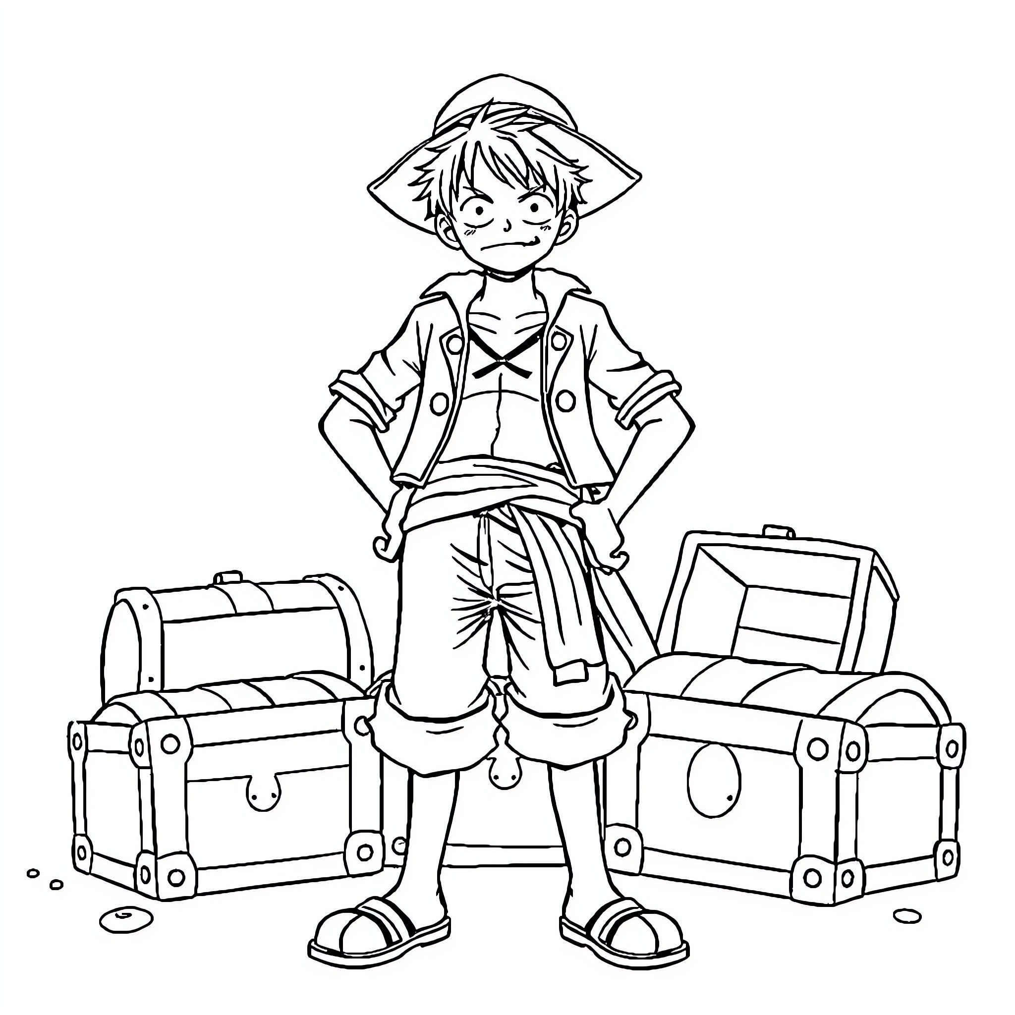 Luffy the Adventurous Pirate with Treasure Chests Coloring Page (free black-and-white line drawing printable PDF for all, from beginners to advanced learners, including children, teens, adults, and seniors)