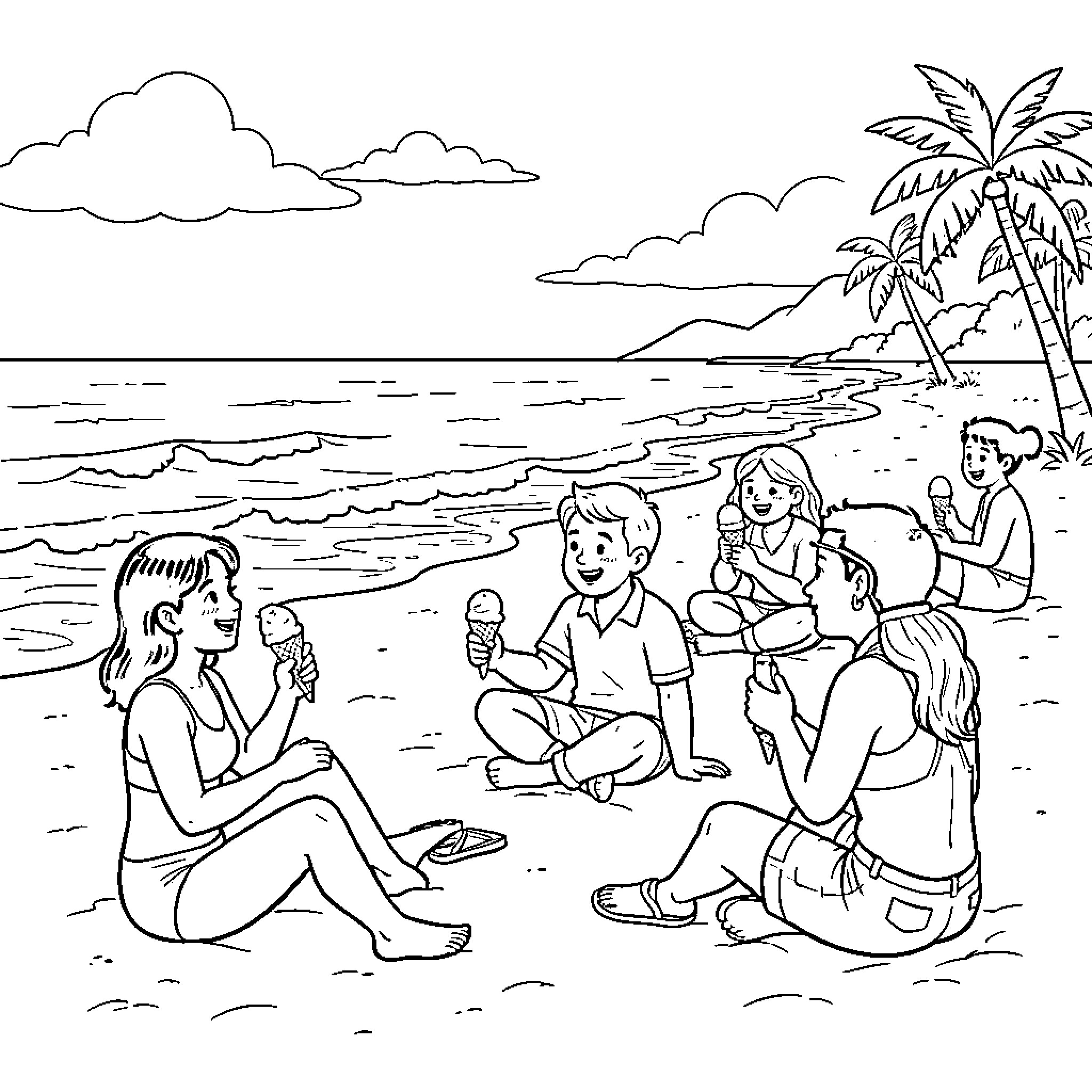 Ice Cream enjoyment among friends on the beach Coloring Page (free black-and-white line drawing printable PDF for all, from beginners to advanced learners, including children, teens, adults, and seniors)