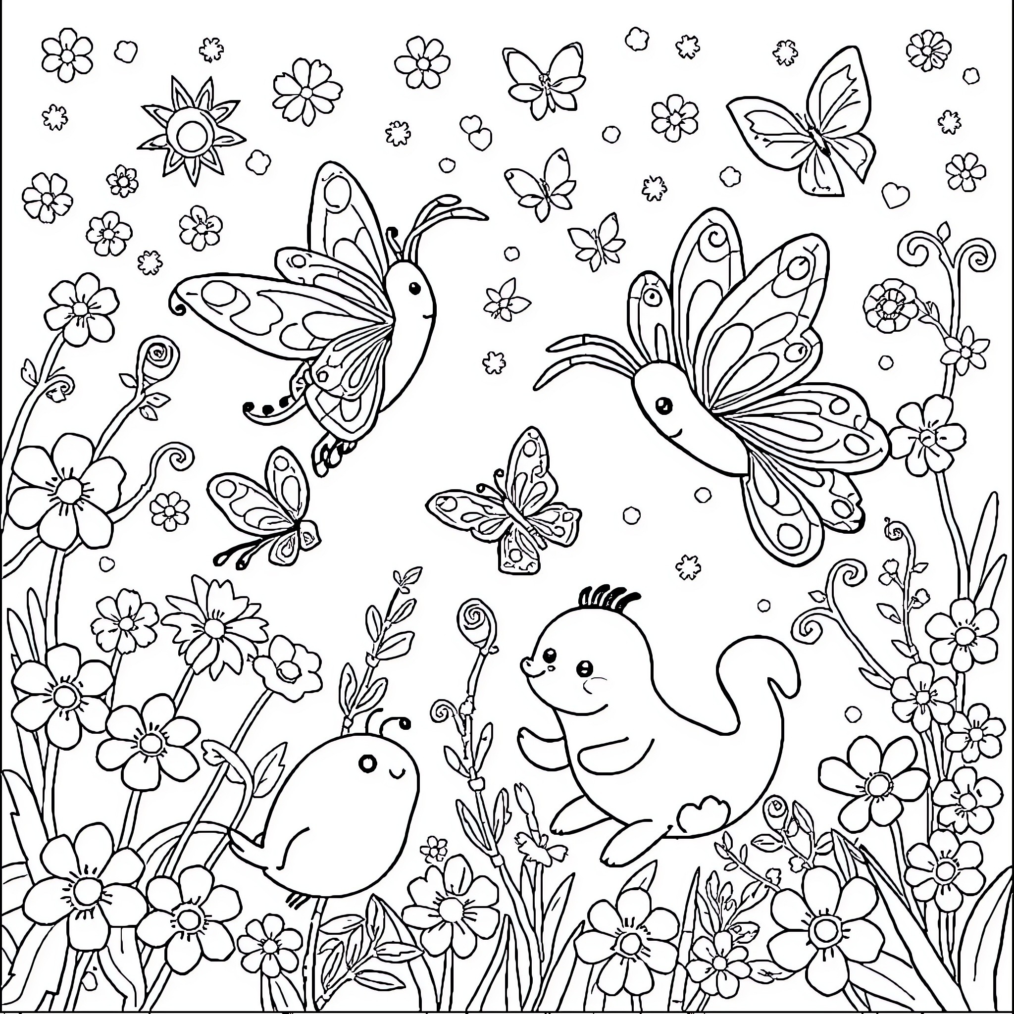 Dandy Butterflies and Flowers Filled Scene Coloring Page (free black-and-white line drawing printable PDF for all, from beginners to advanced learners, including children, teens, adults, and seniors)
