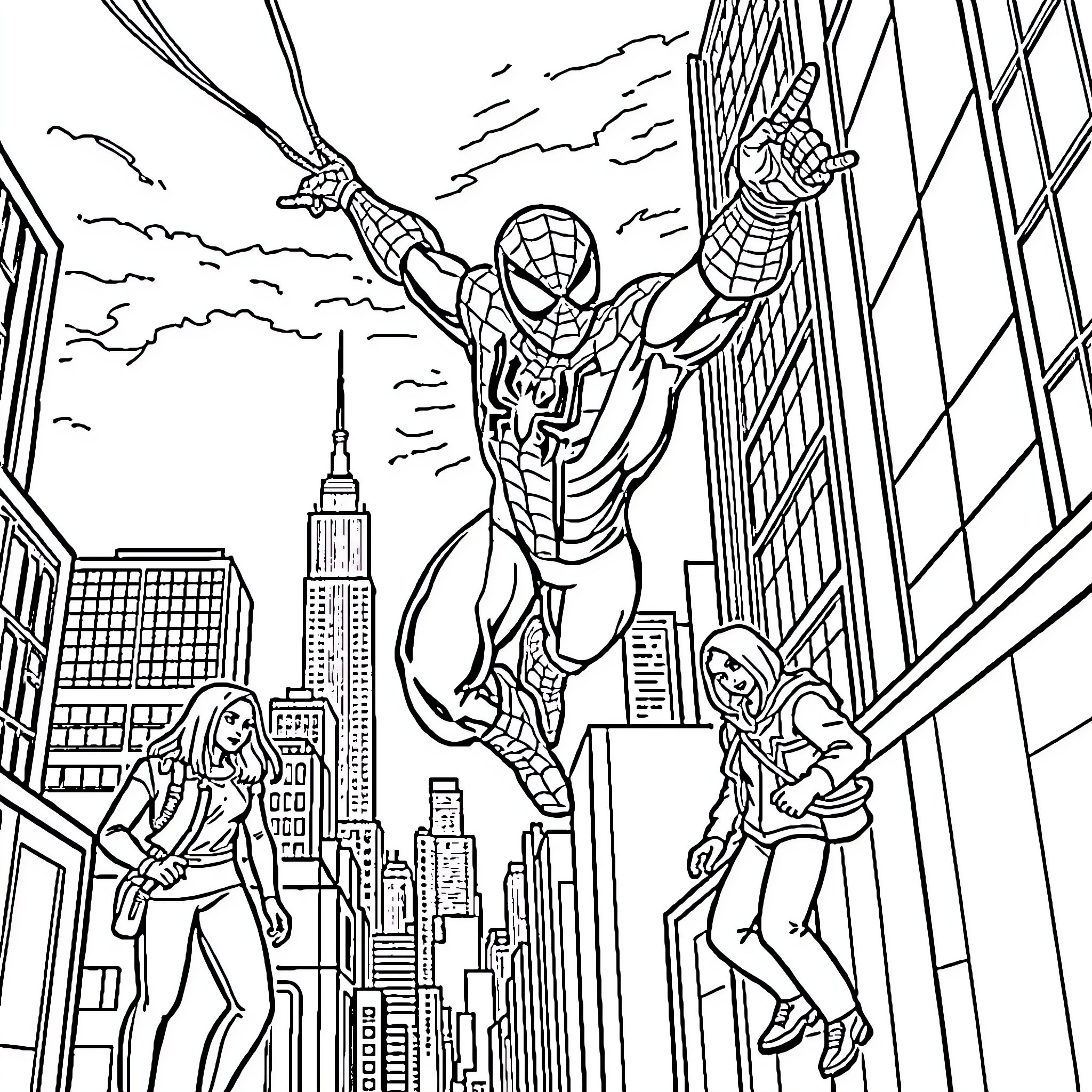 Spiderman swinging heroically through the city Coloring Page (free black-and-white line drawing printable PDF for all, from beginners to advanced learners, including children, teens, adults, and seniors)