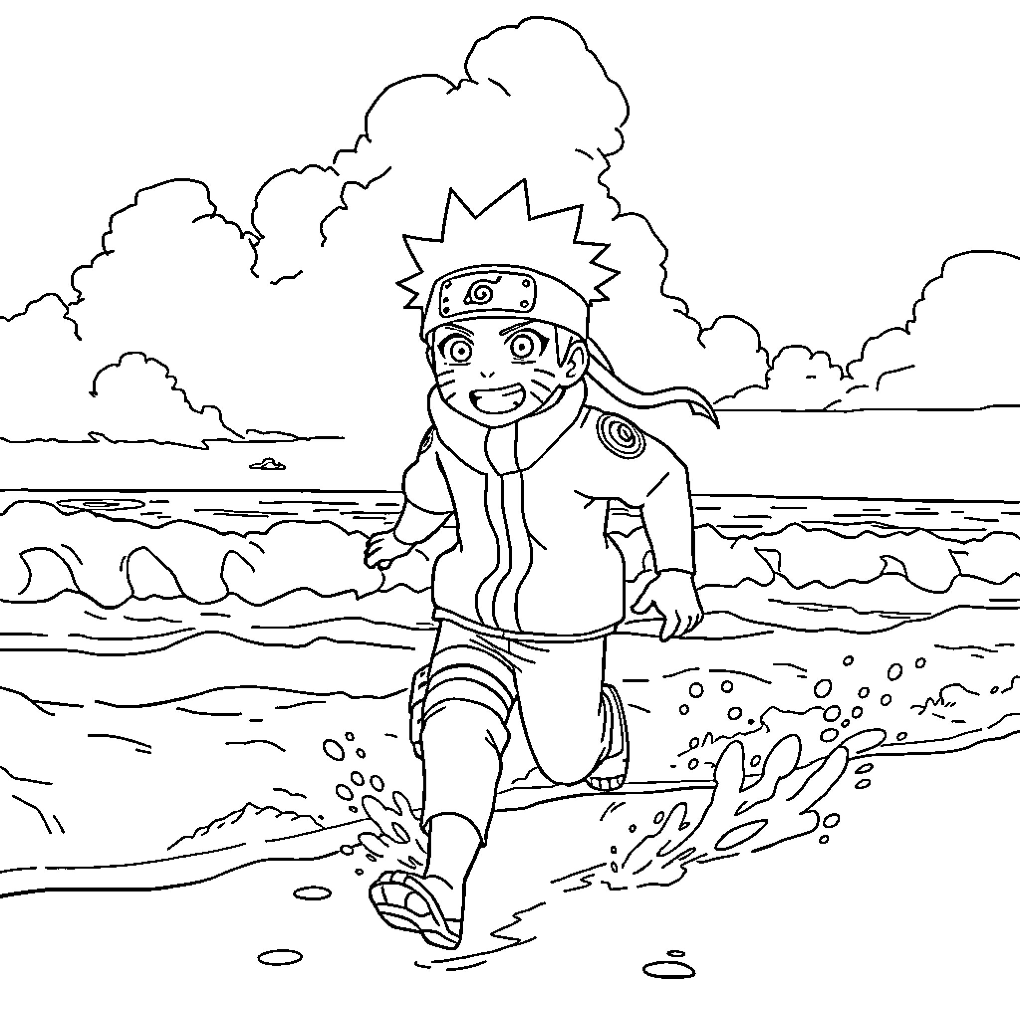 Naruto running excitedly on the beach Coloring Page (free black-and-white line drawing printable PDF for all, from beginners to advanced learners, including children, teens, adults, and seniors)