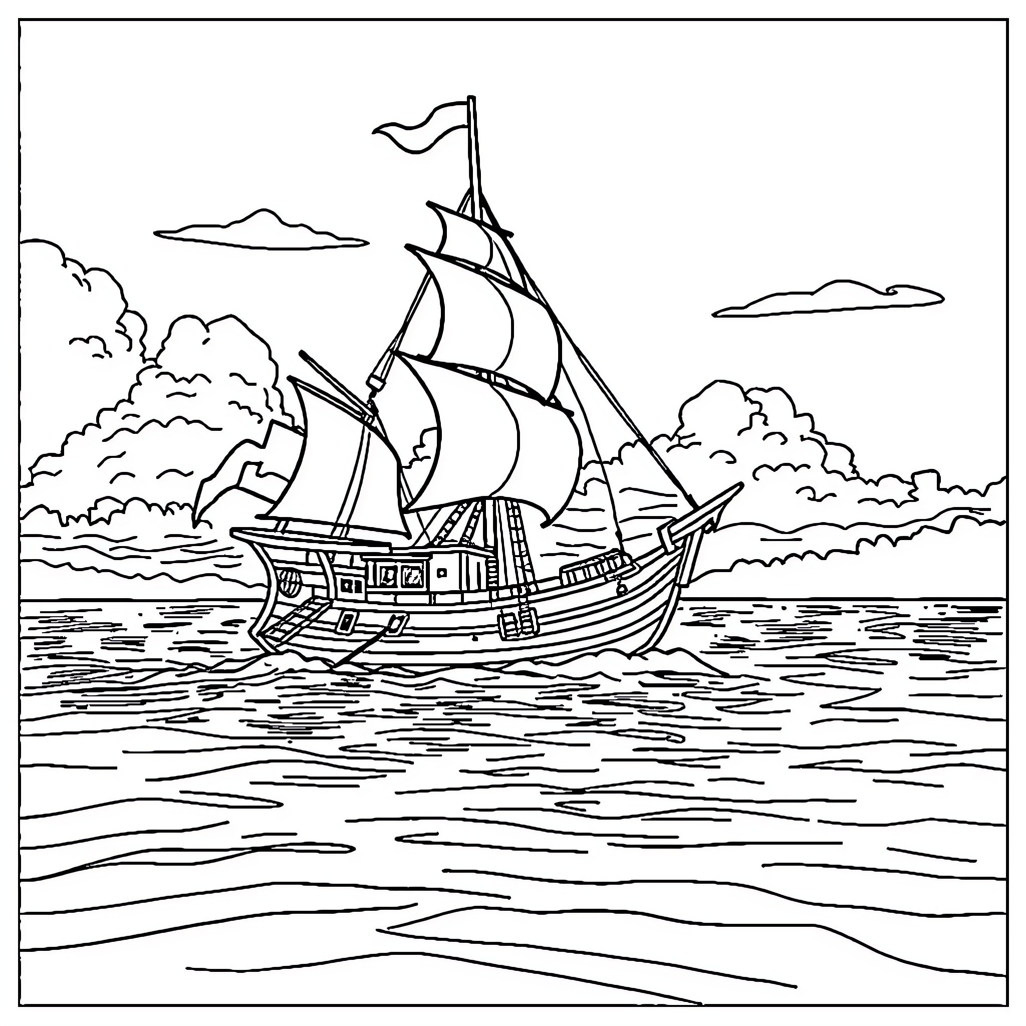 Pirate Ship Sailing on the Open Sea Coloring Page (free black-and-white line drawing printable PDF for all, from beginners to advanced learners, including children, teens, adults, and seniors)
