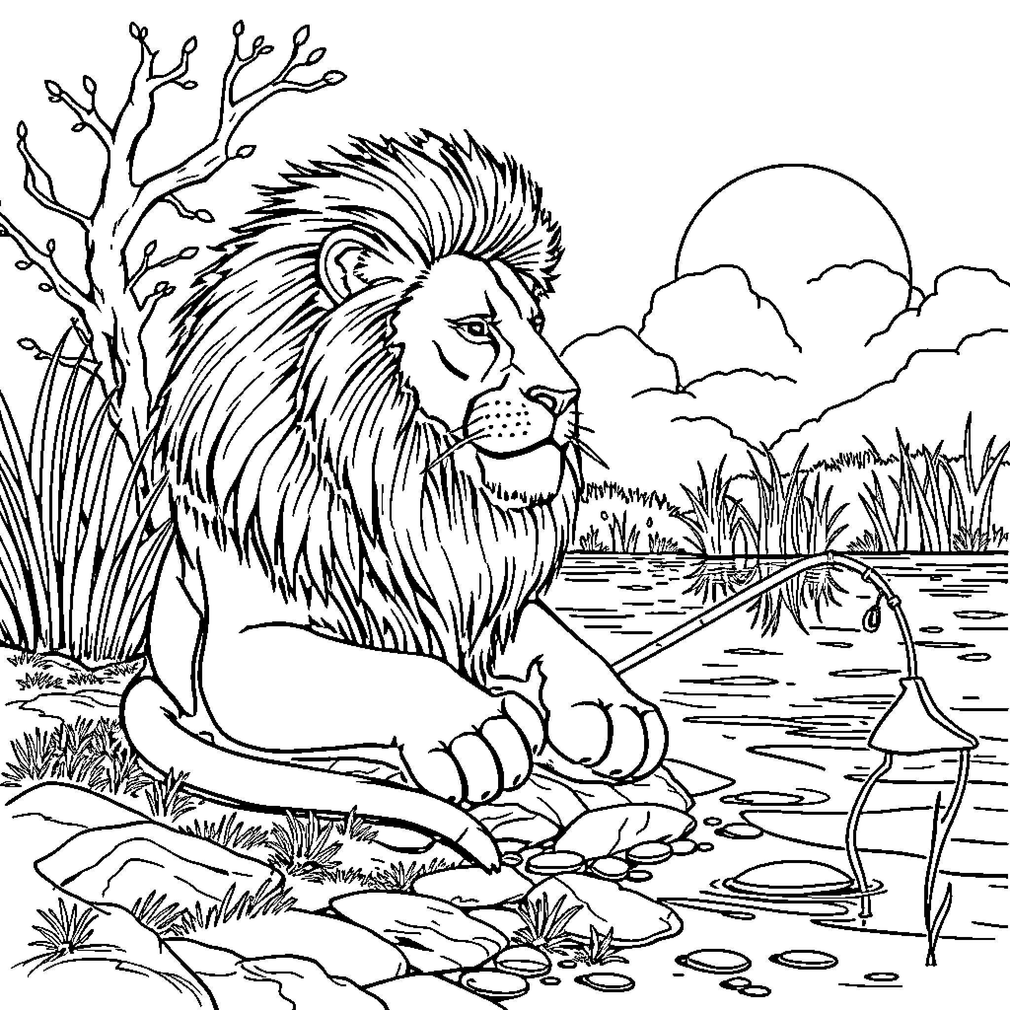 Lion lounging by the serene riverbank Coloring Page (free black-and-white line drawing printable PDF for all, from beginners to advanced learners, including children, teens, adults, and seniors)