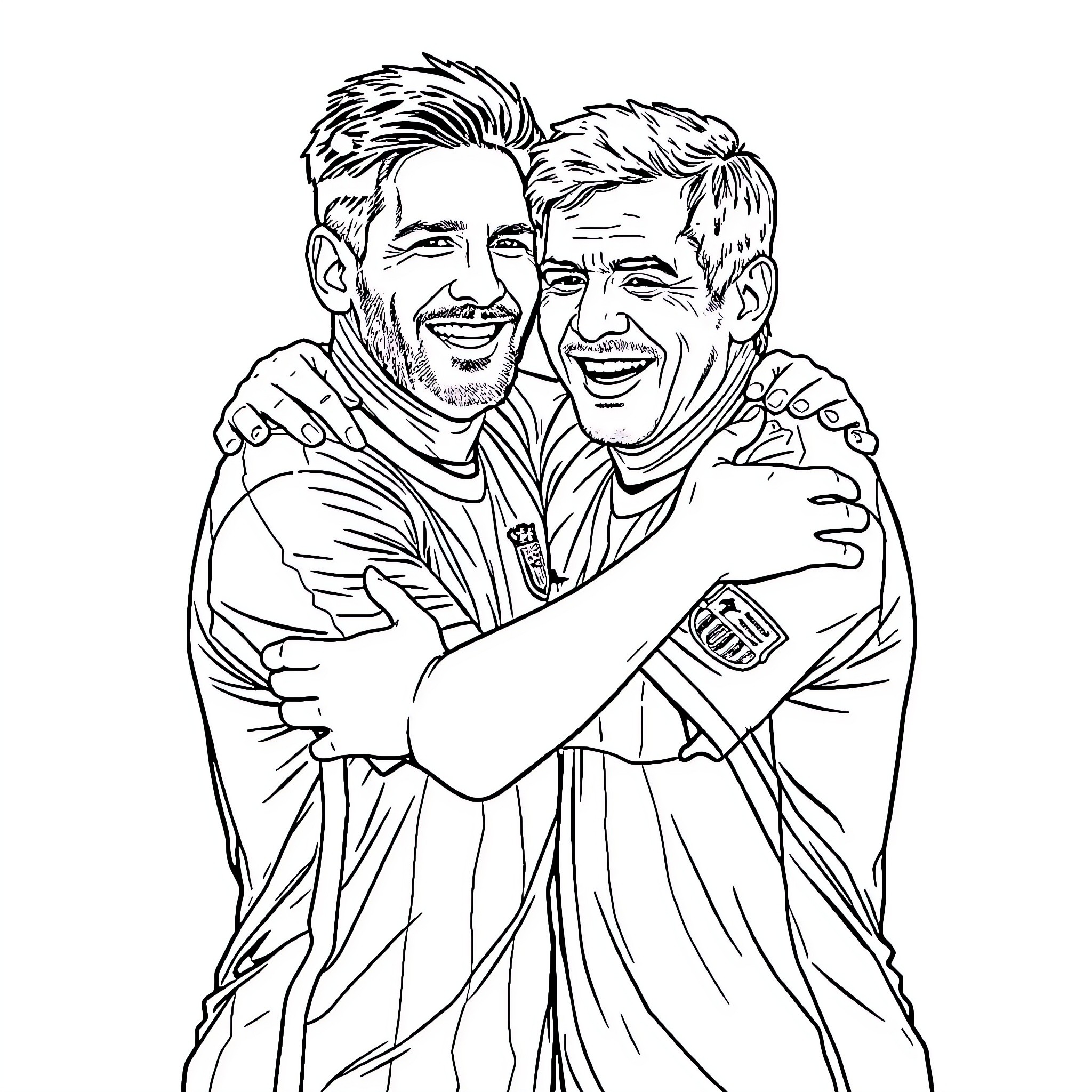 Messi and friend sharing a joyful embrace Coloring Page (free black-and-white line drawing printable PDF for all, from beginners to advanced learners, including children, teens, adults, and seniors)