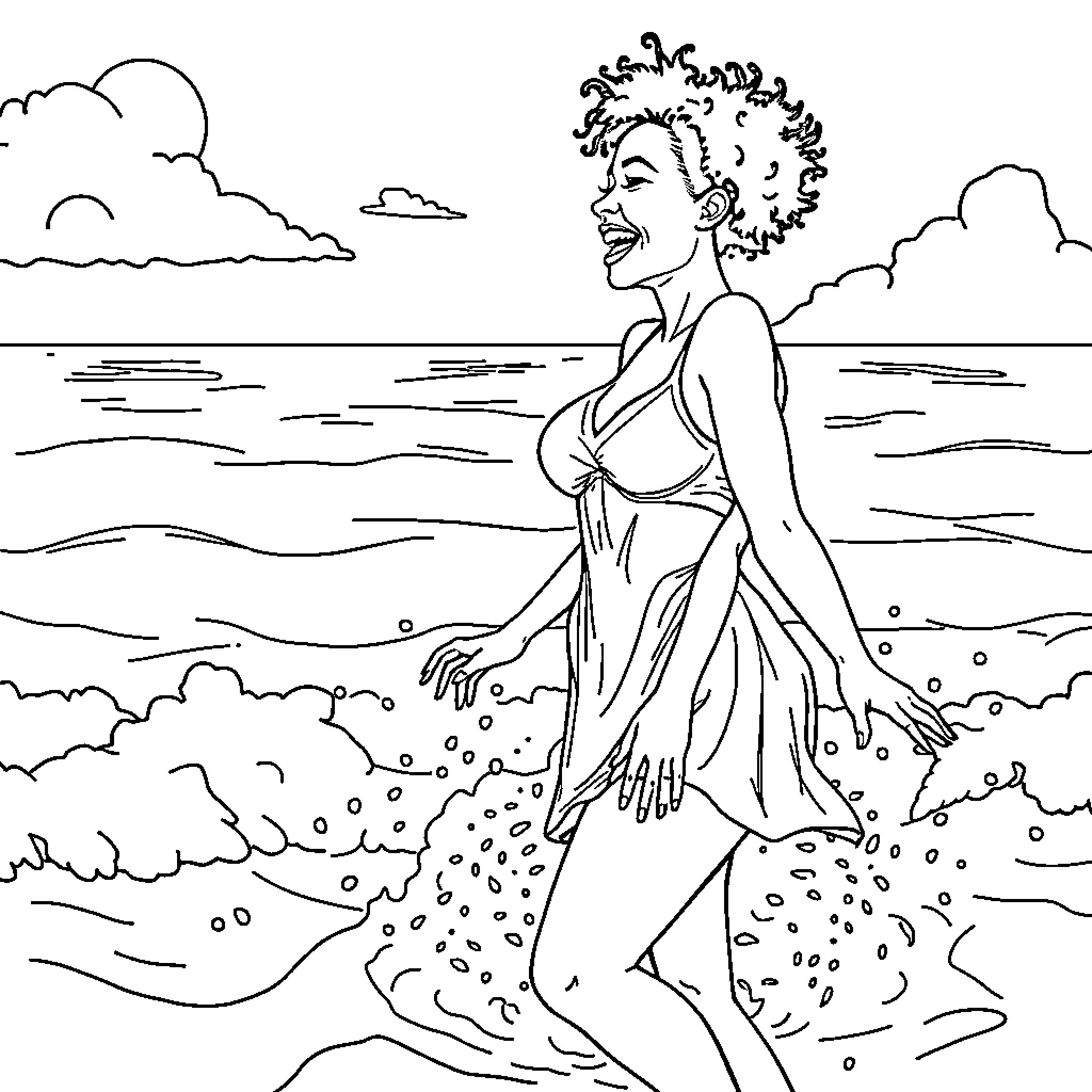 Woman wading in tranquil waters Coloring Page (free black-and-white line drawing printable PDF for all, from beginners to advanced learners, including children, teens, adults, and seniors)