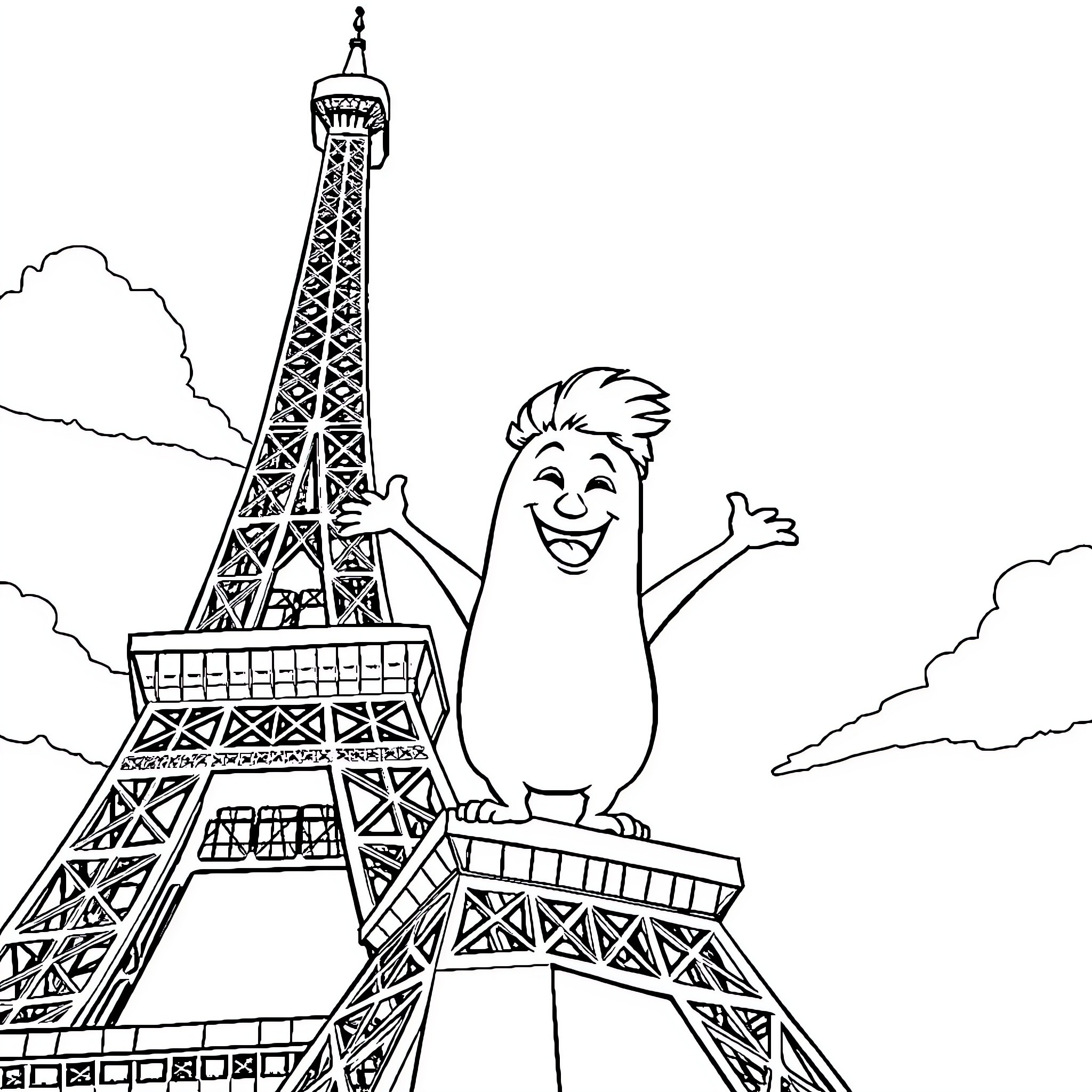 Spongebob Excited at the Eiffel Tower Coloring Page (free black-and-white line drawing printable PDF for all, from beginners to advanced learners, including children, teens, adults, and seniors)