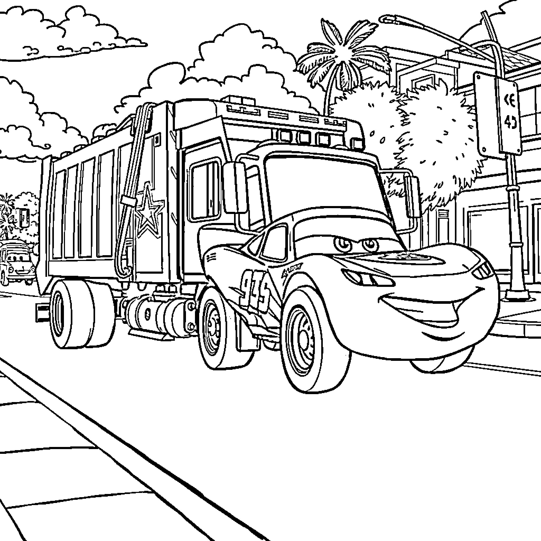 Truck transporting cargo through city streets Coloring Page (free black-and-white line drawing printable PDF for all, from beginners to advanced learners, including children, teens, adults, and seniors)