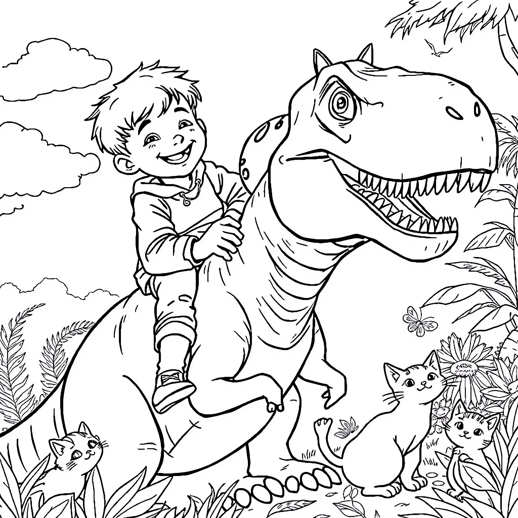 Boy exploring the wild with dinosaur companion Coloring Page (free black-and-white line drawing printable PDF for all, from beginners to advanced learners, including children, teens, adults, and seniors)