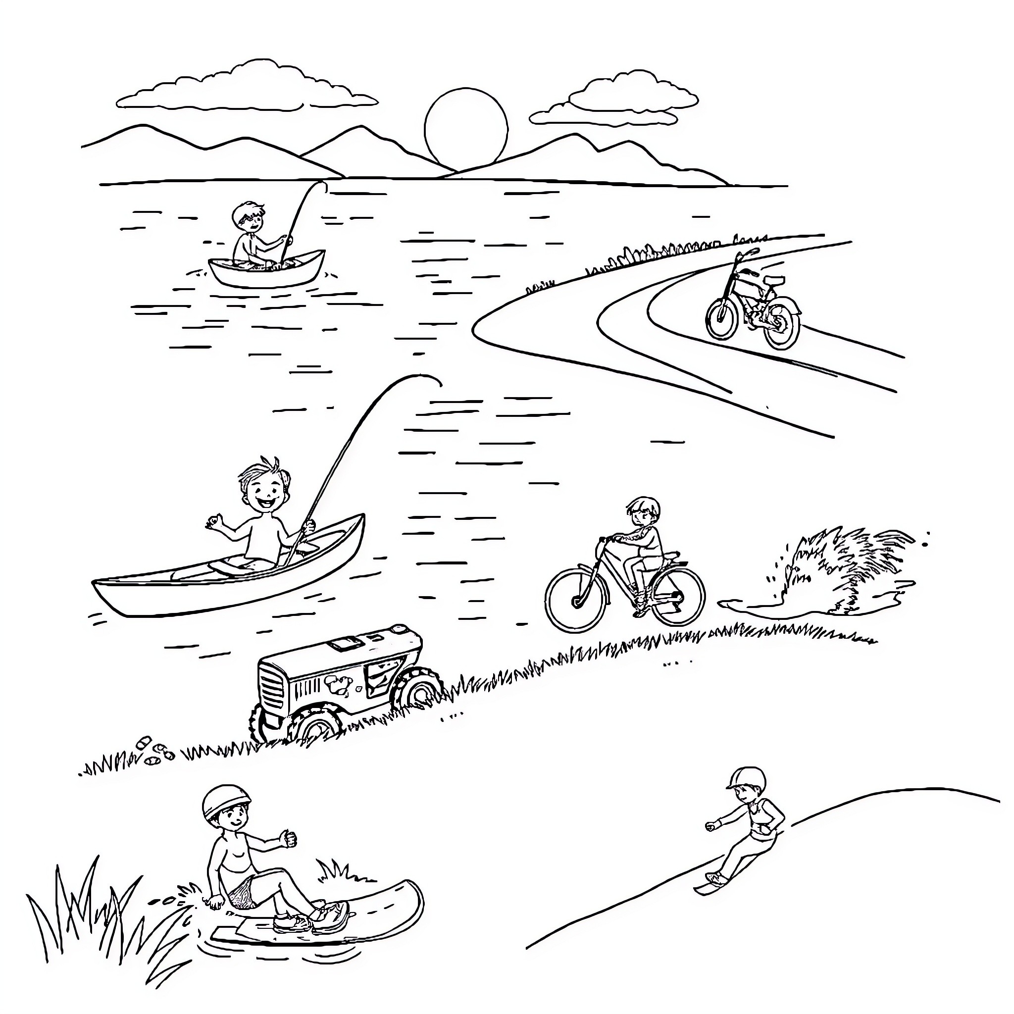 Boy enjoying outdoor activities on a sunny day Coloring Page (free black-and-white line drawing printable PDF for all, from beginners to advanced learners, including children, teens, adults, and seniors)
