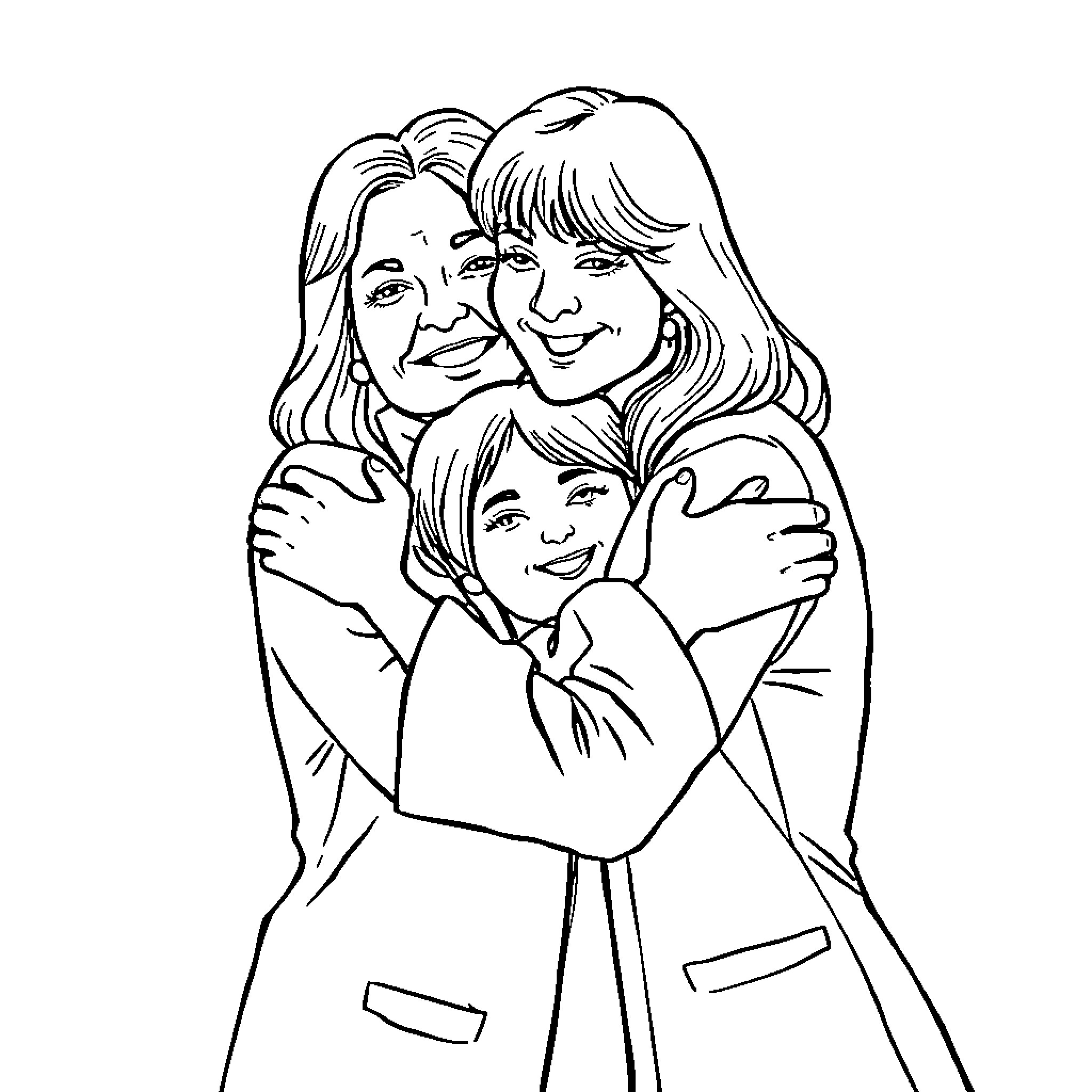 Mum's Loving Embrace with Children Coloring Page (free black-and-white line drawing printable PDF for all, from beginners to advanced learners, including children, teens, adults, and seniors)