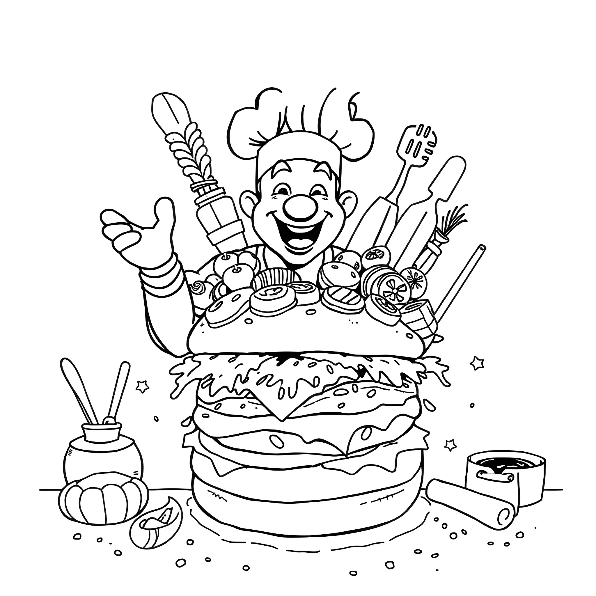 Cinnamon Roll Chef Prepares Delicious Culinary Creations Coloring Page (free black-and-white line drawing printable PDF for all, from beginners to advanced learners, including children, teens, adults, and seniors)