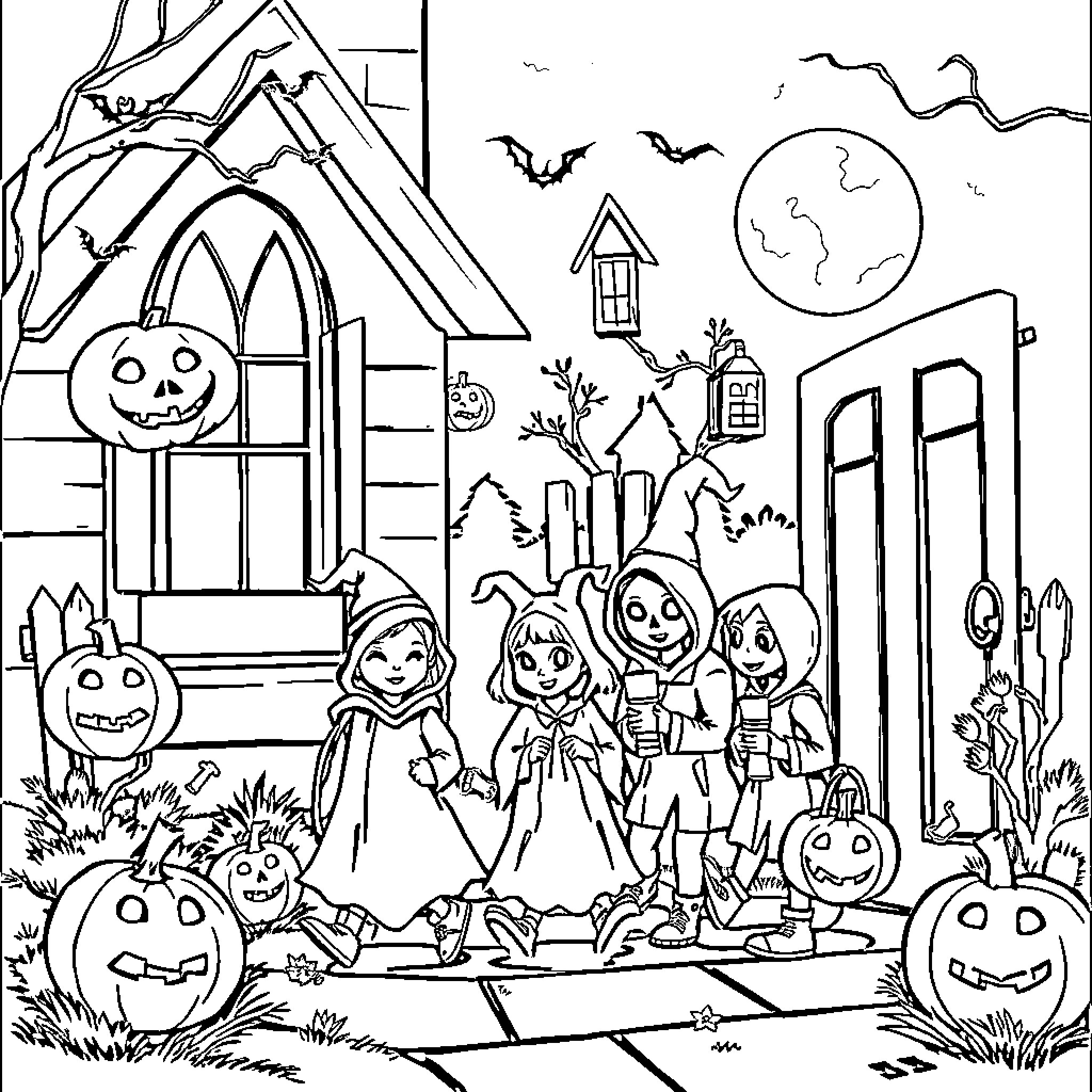 Halloween Trick-or-Treating in the Neighborhood Coloring Page (free black-and-white line drawing printable PDF for all, from beginners to advanced learners, including children, teens, adults, and seniors)